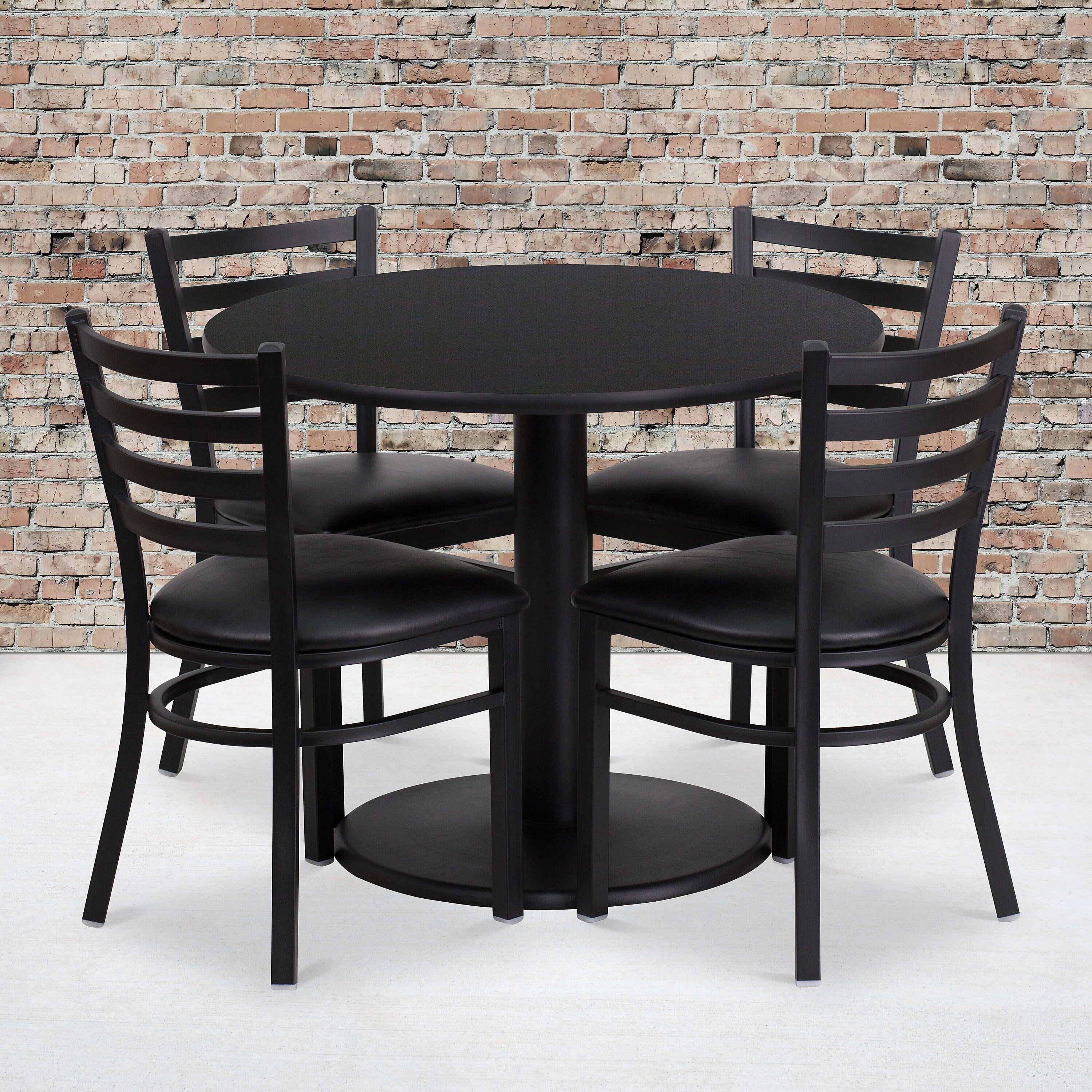 Flash Furniture 36'' Round Black Laminate Table Set W/4 Ladder Back Black Vinyl Seat Chairs