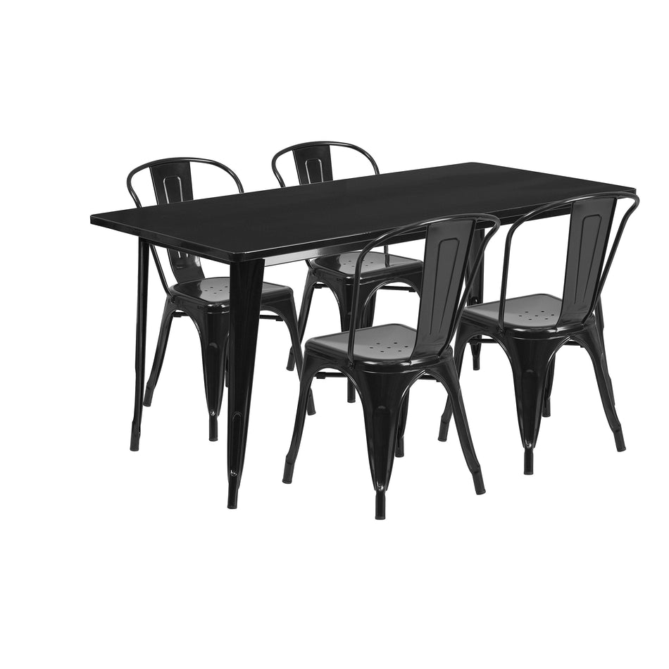 Flash Furniture Darcy Indoor-Outdoor Table Set with 4 Stack Chairs, 63" x 31.5", Black