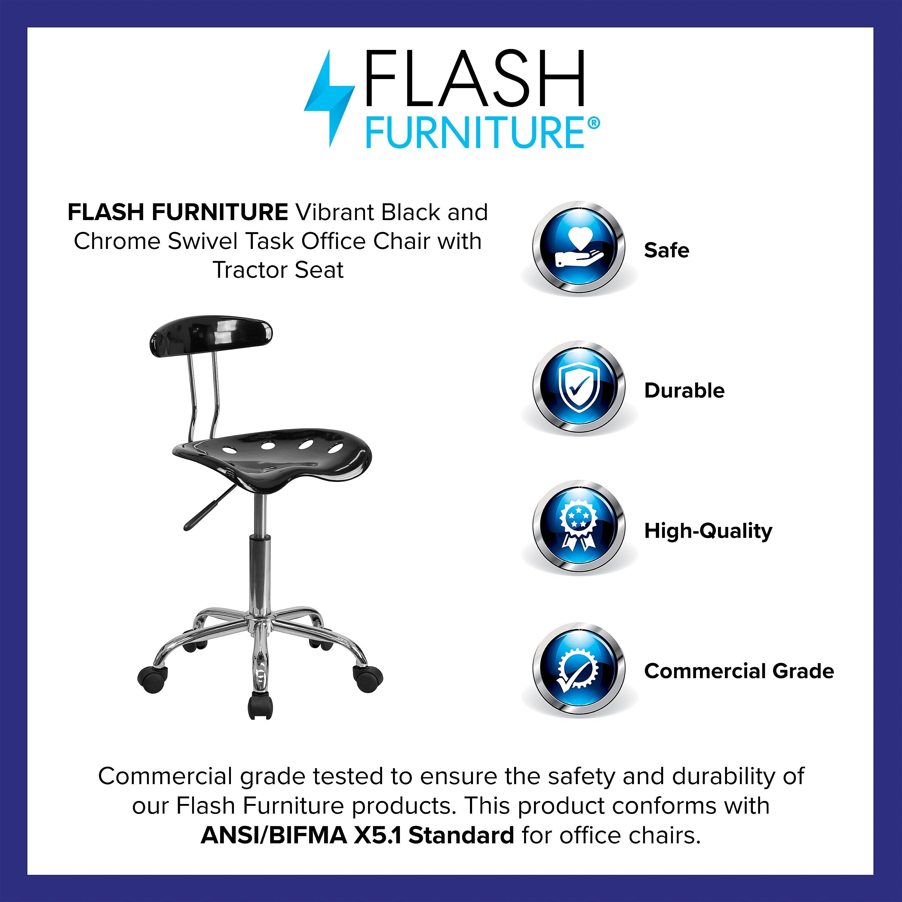 Flash Furniture Elliott Armless Plastic and Chrome Task Office Chair with Tractor Seat, Black and Chrome