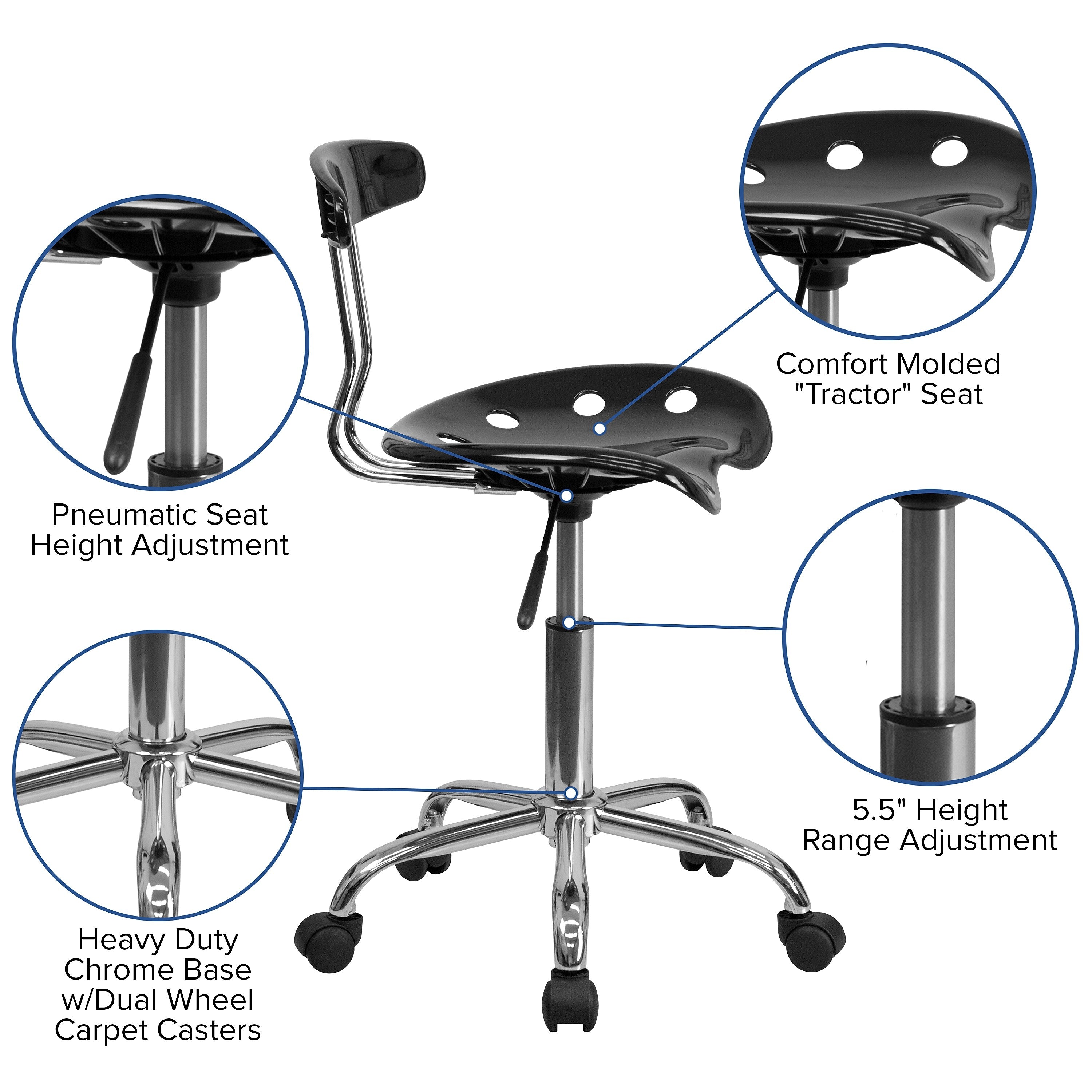 Flash Furniture Elliott Armless Plastic and Chrome Task Office Chair with Tractor Seat, Black and Chrome