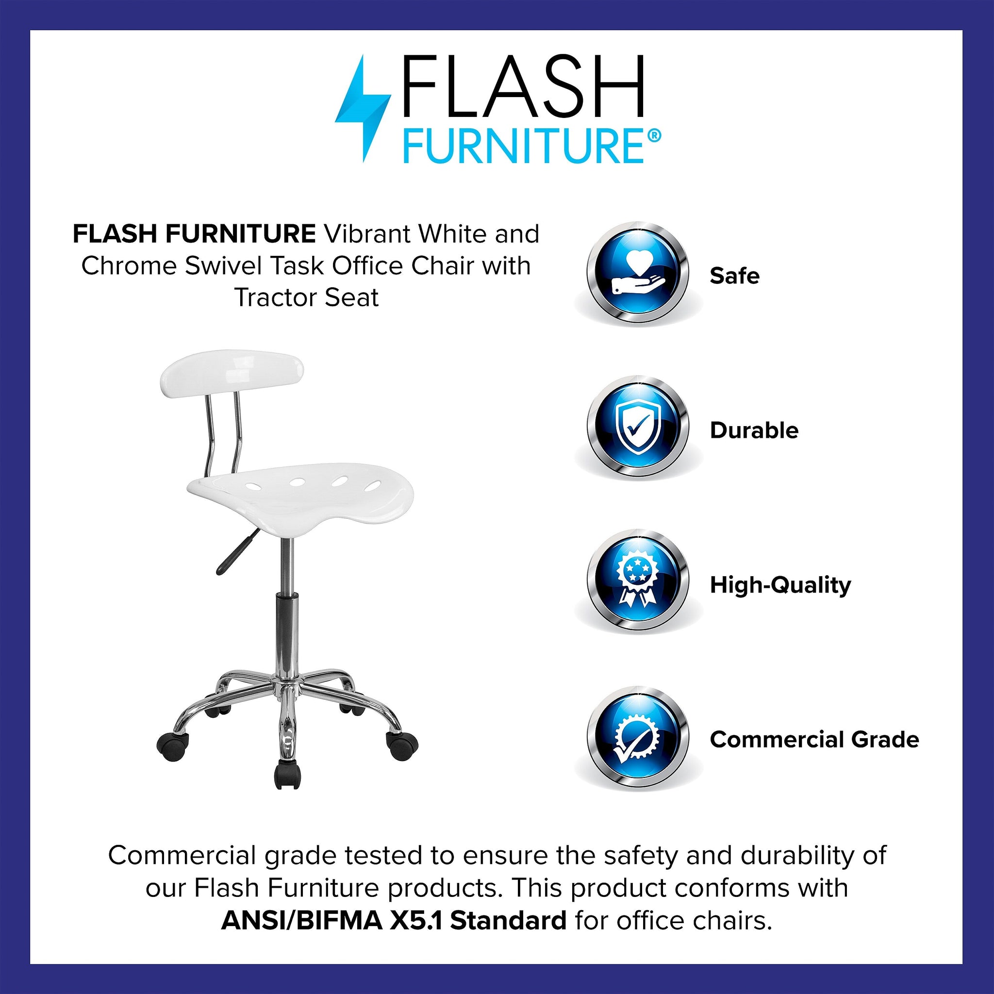 Flash Furniture Elliott Armless Plastic and Chrome Task Office Chair with Tractor Seat, Vibrant White and Chrome