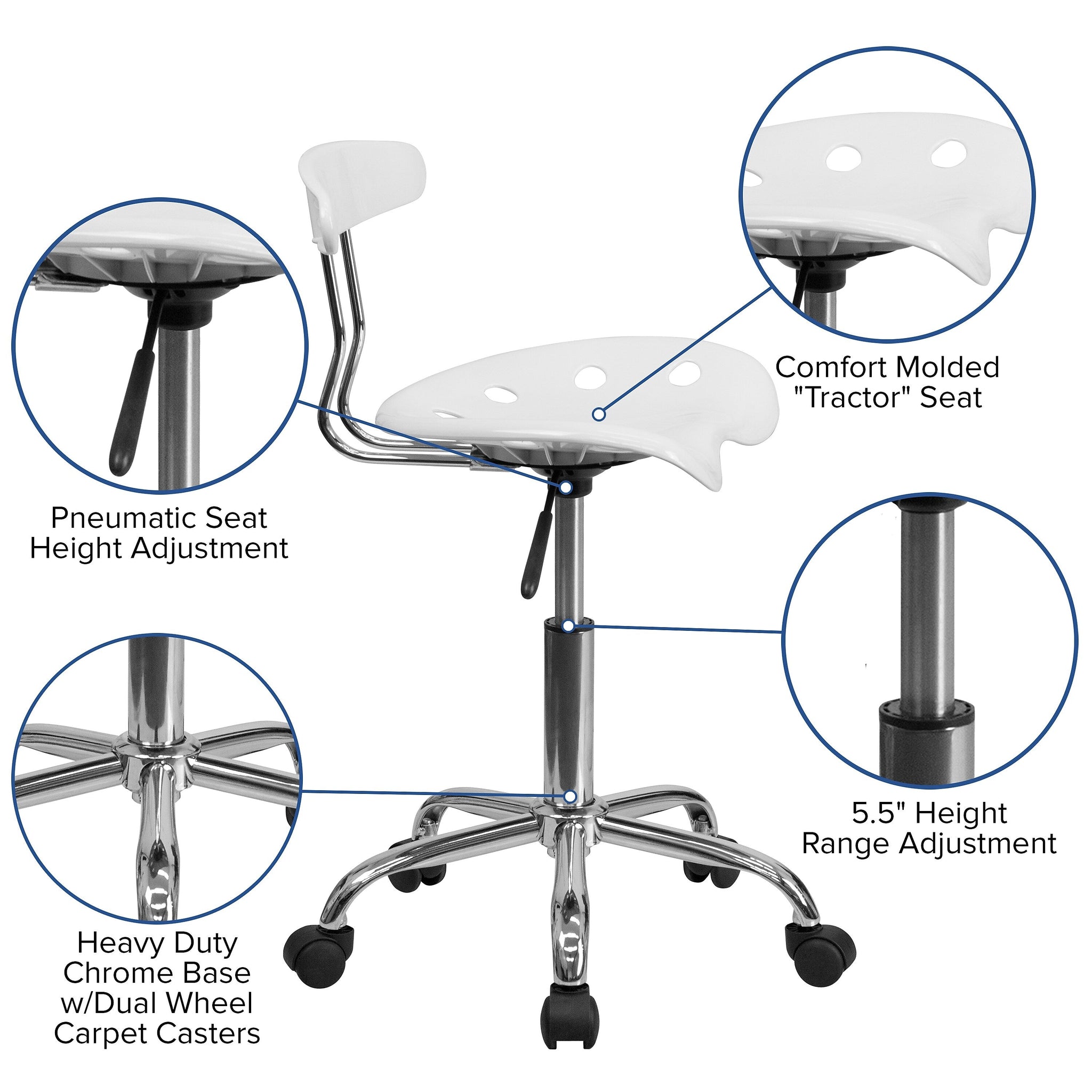 Flash Furniture Elliott Armless Plastic and Chrome Task Office Chair with Tractor Seat, Vibrant White and Chrome