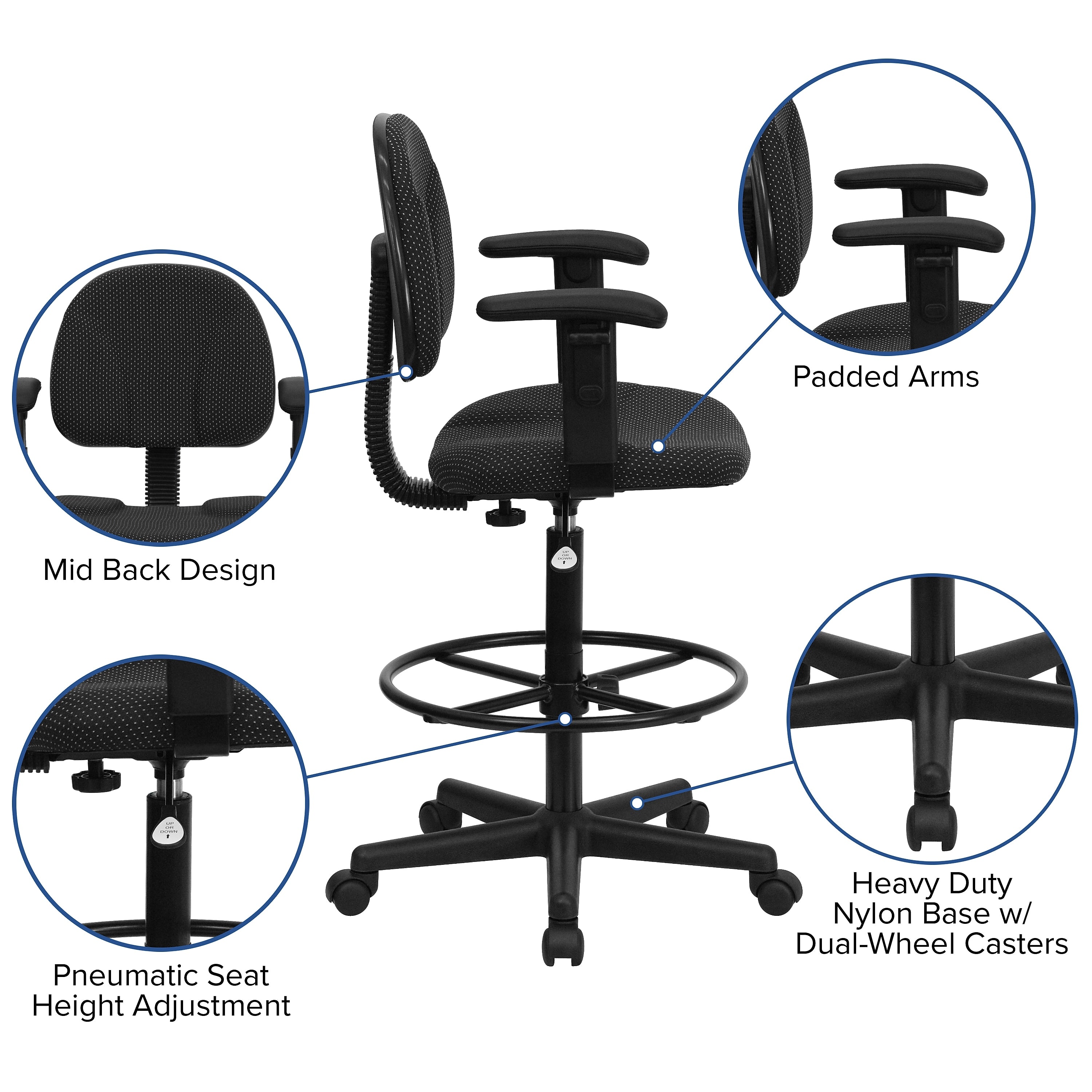 Flash Furniture Fabric And Fire-Retardant Foam Drafting Chair, Patterned Black