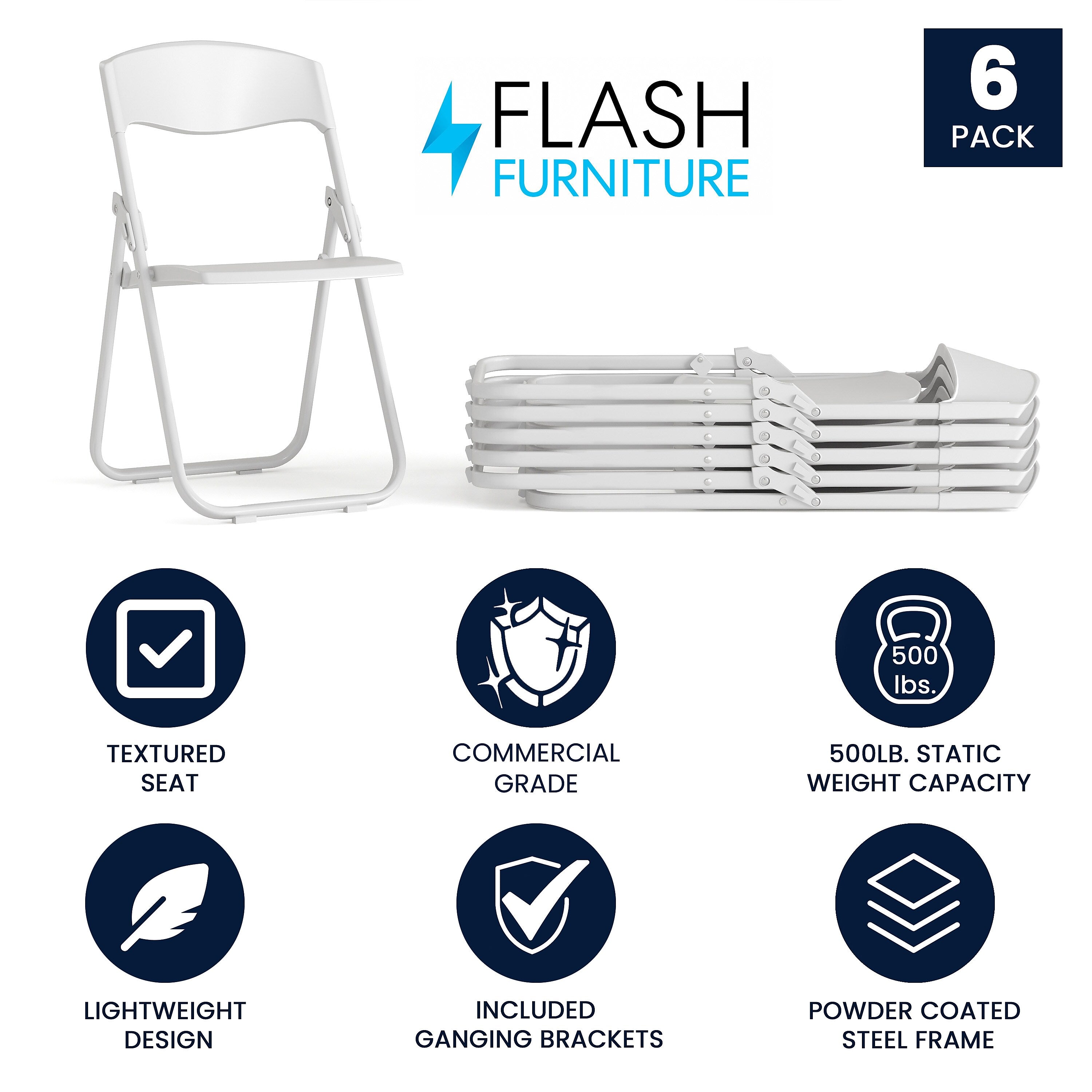 Flash Furniture HERCULES™ Heavy Duty Plastic Folding Chair, White, 6/Pack