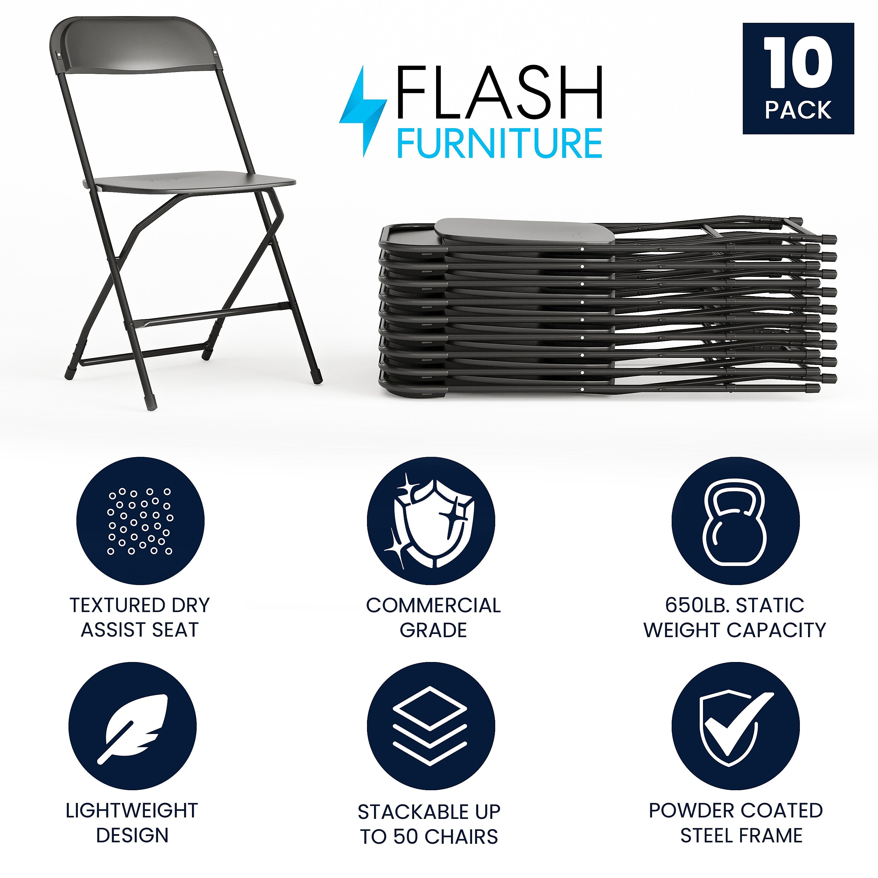 Flash Furniture HERCULES Plastic Student/School Chairs, Black, 10/Pack