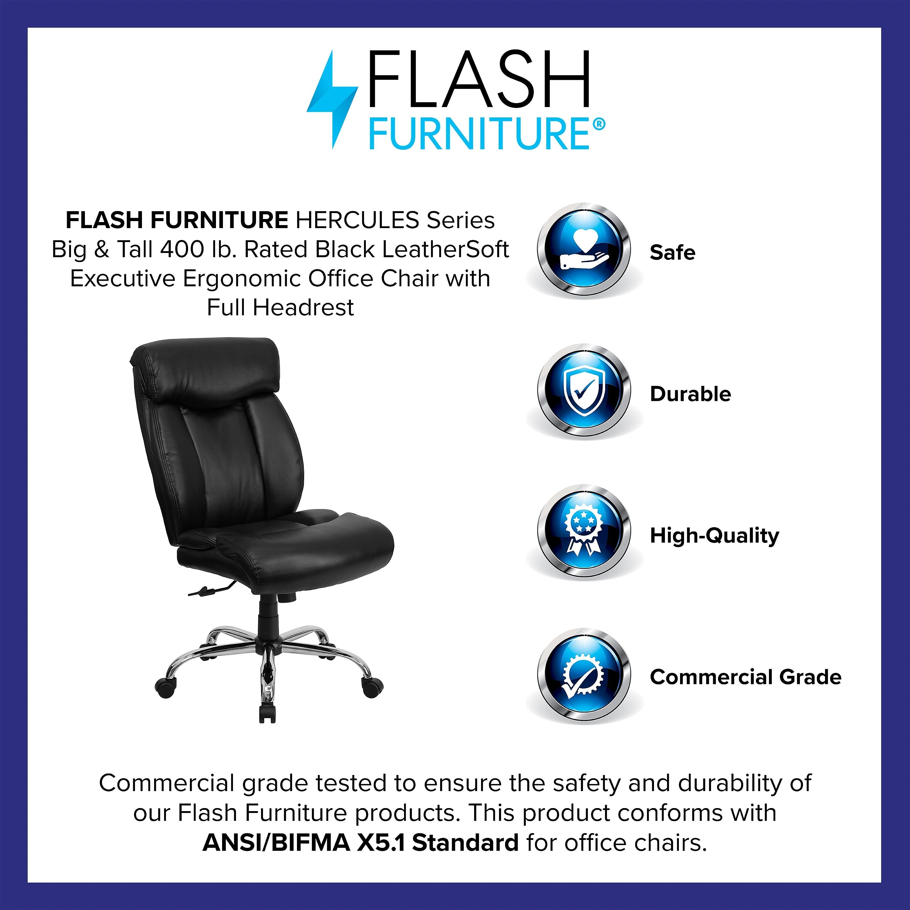 Flash Furniture HERCULES Series Armless Ergonomic LeatherSoft Swivel Big & Tall Executive Office Chair, Black