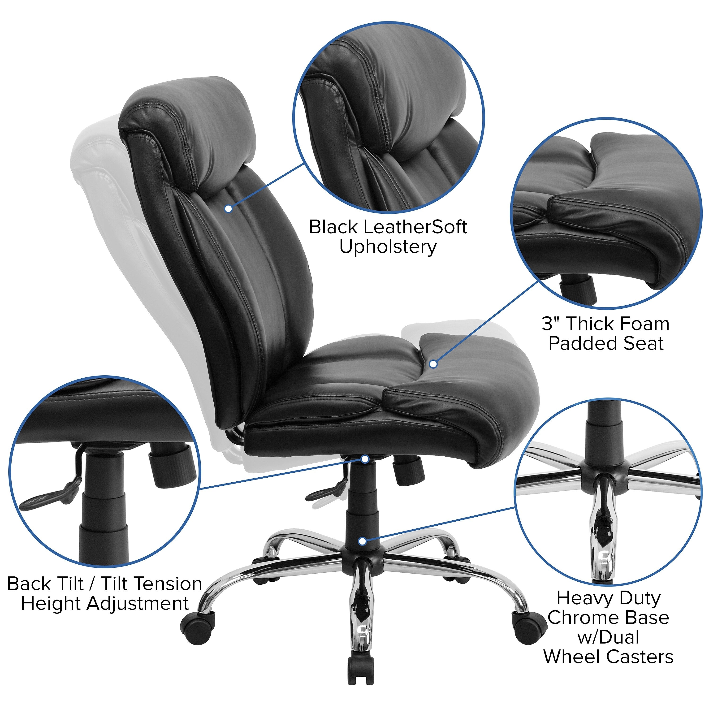 Flash Furniture HERCULES Series Armless Ergonomic LeatherSoft Swivel Big & Tall Executive Office Chair, Black