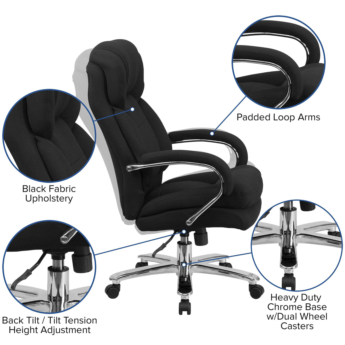 Flash Furniture HERCULES Series Ergonomic Fabric Swivel 24/7 Intensive Use Big & Tall Executive Office Chair, Black