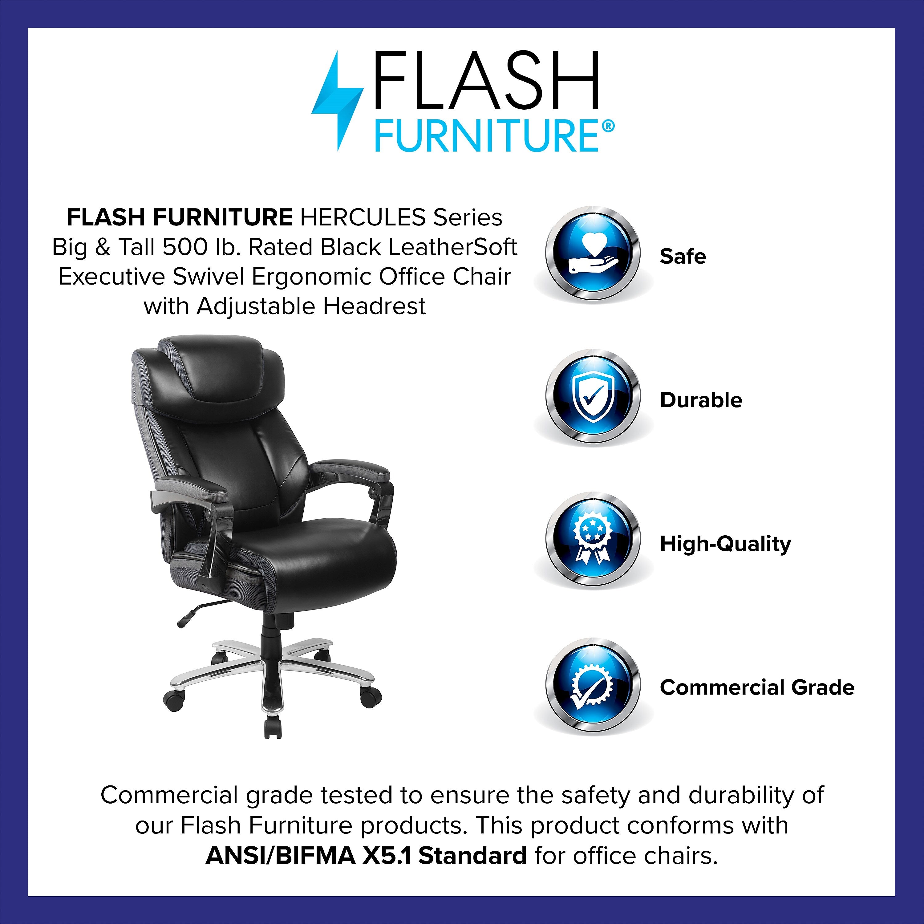 Flash Furniture HERCULES Series Ergonomic LeatherSoft Swivel Big & Tall Executive Office Chair, Black