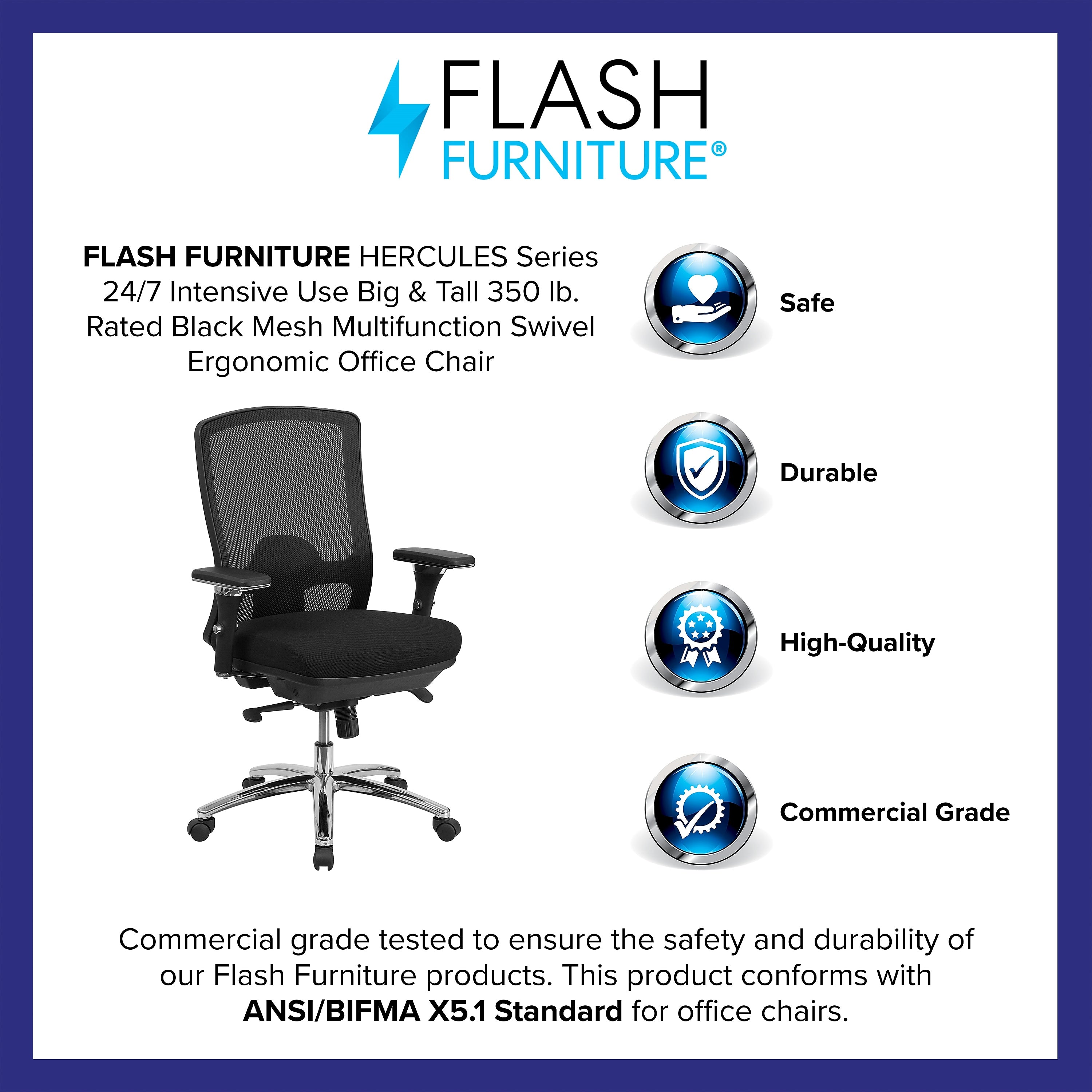 Flash Furniture HERCULES Series Ergonomic Mesh Swivel 24/7 Intensive Use Big & Tall Multifunction Office Chair, Black
