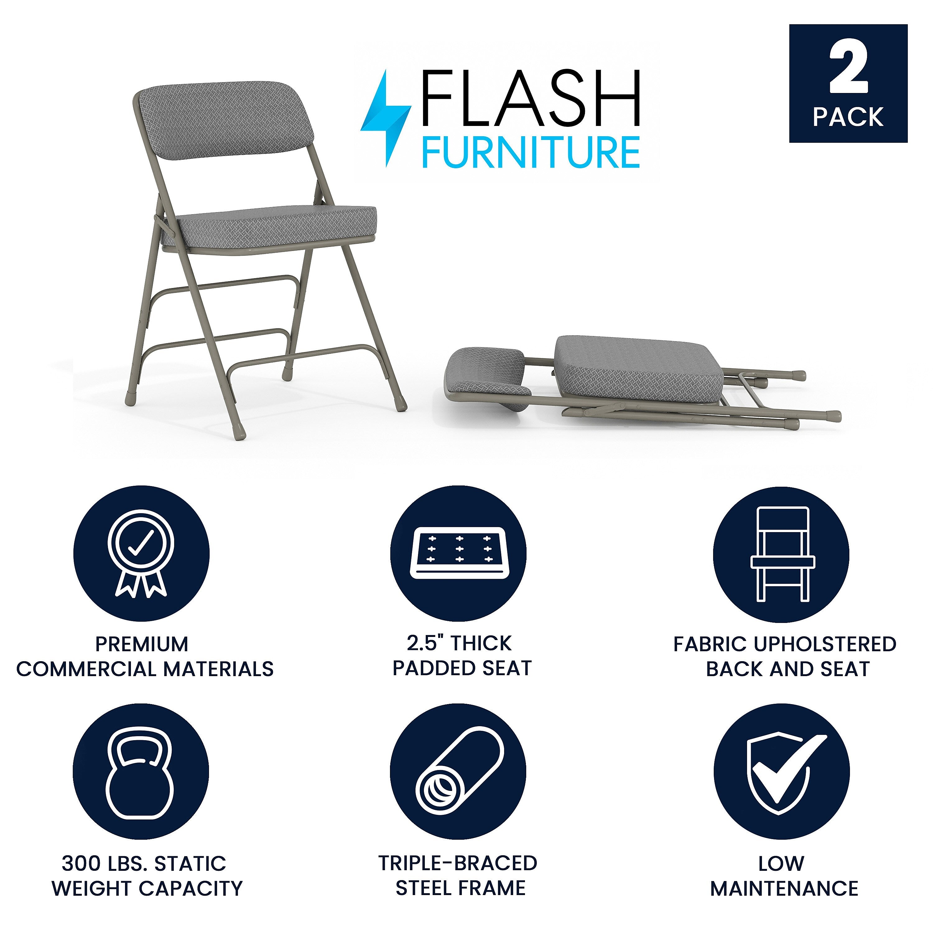 Flash Furniture HERCULES Series Fabric Folding Chair, Gray, 2/Pack