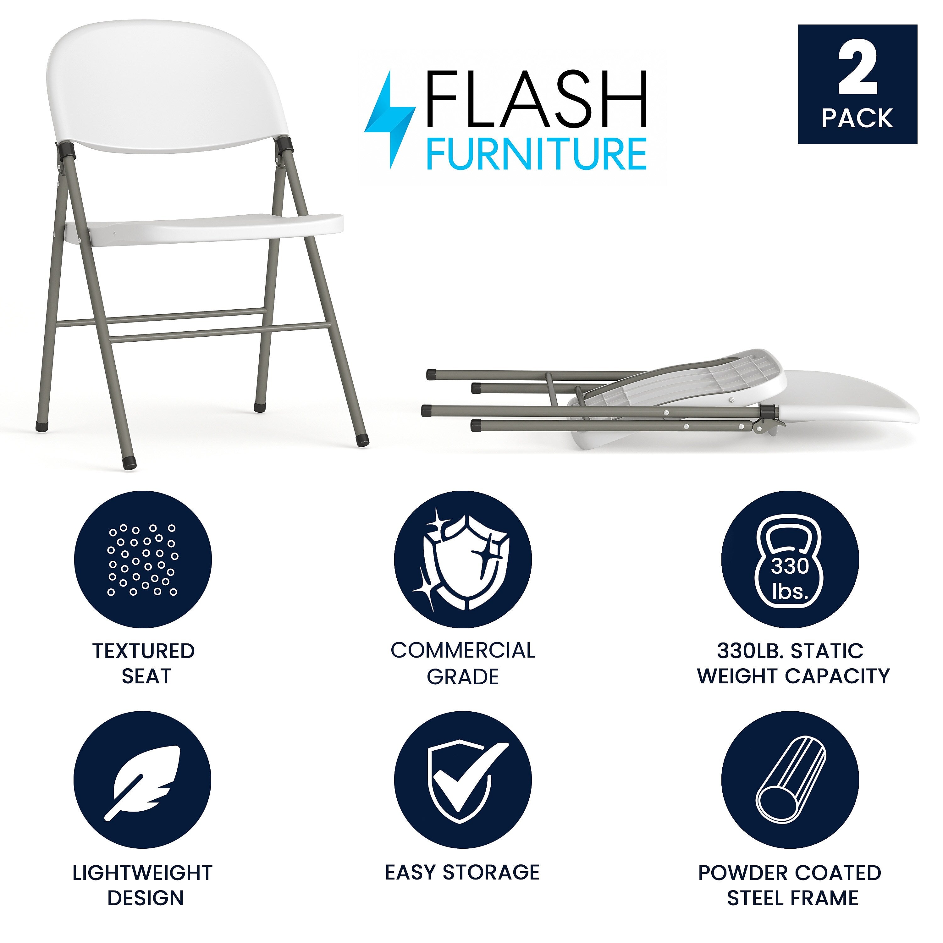 Flash Furniture HERCULES Series Plastic Folding Chair, White, 2/Pack