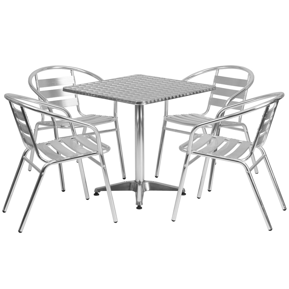 Flash Furniture Lila Indoor-Outdoor Table Set with 4 Slat Back Chairs, 27.5", Aluminum