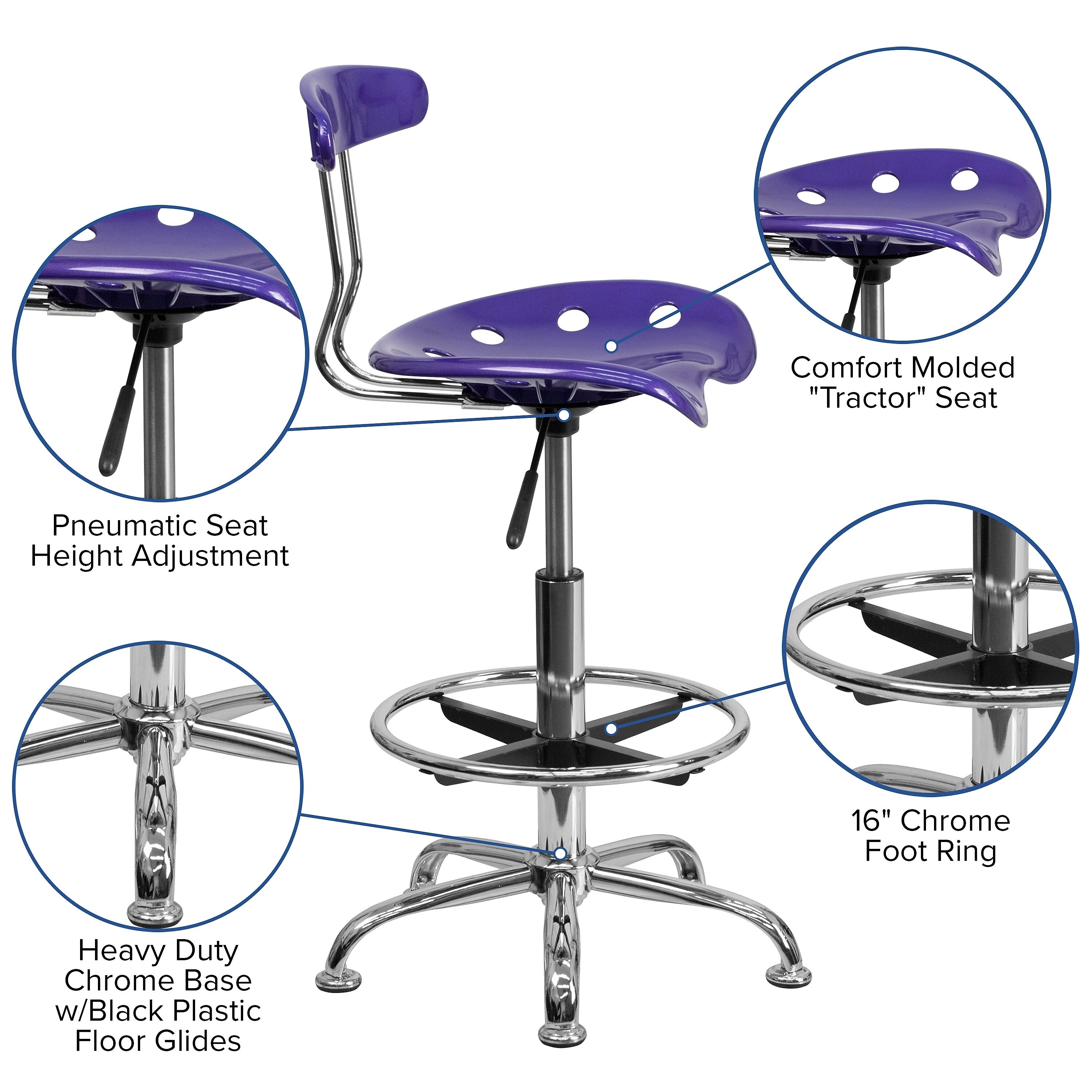 Flash Furniture Low Back Polymer Drafting Stool With Tractor Seat, Vibrant Violet