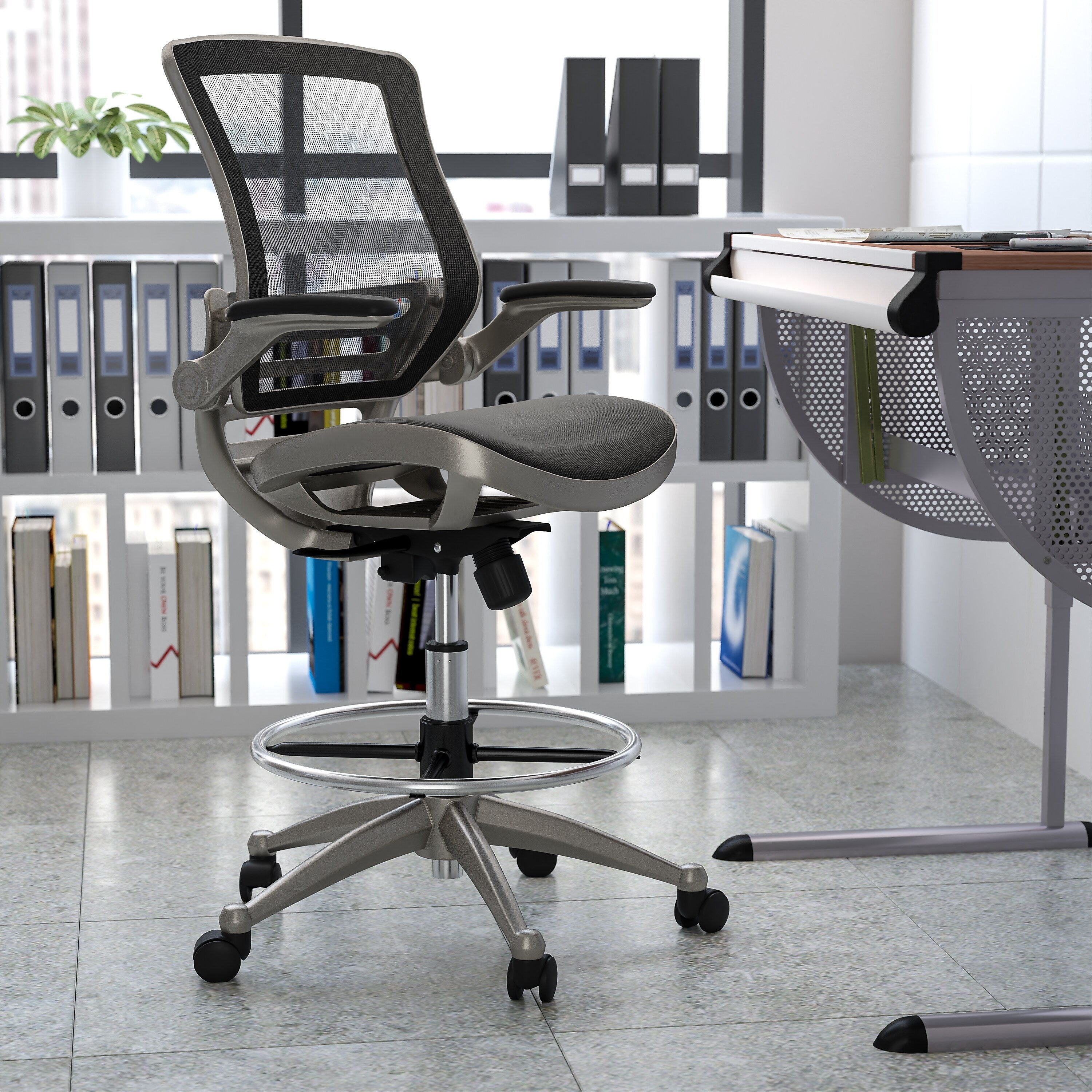Flash Furniture Mesh Mid-Back Drafting Stool with Lumbar Support, Black/Graphite Silver