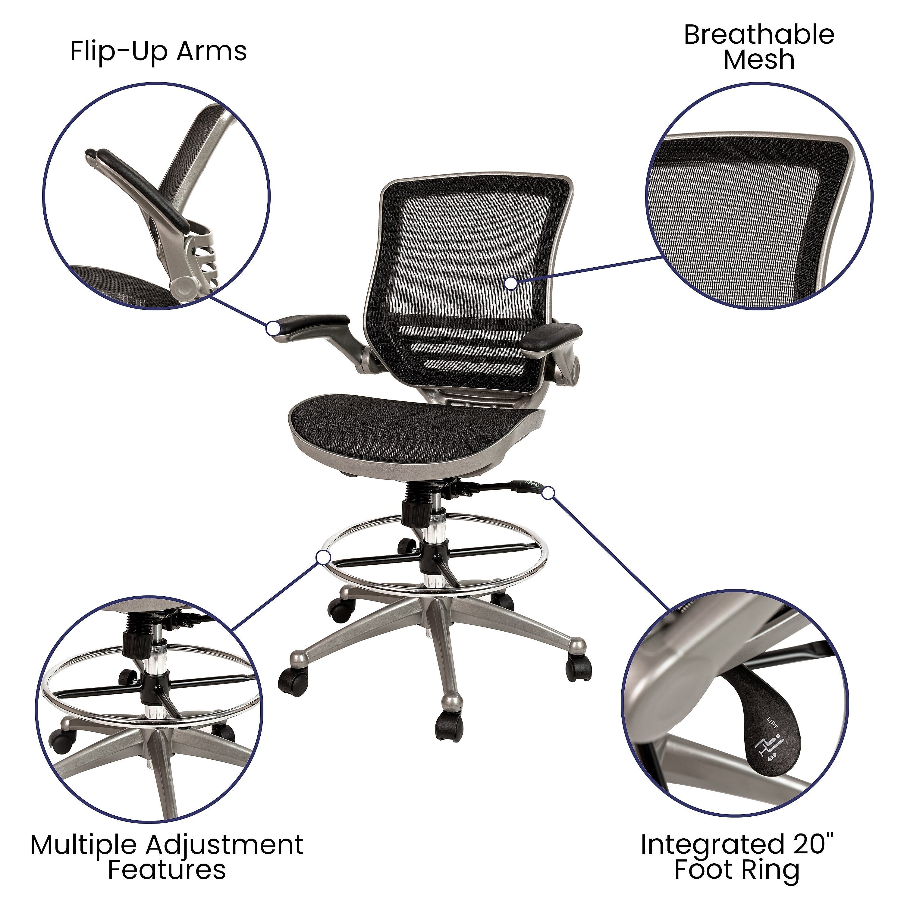 Flash Furniture Mesh Mid-Back Drafting Stool with Lumbar Support, Black/Graphite Silver