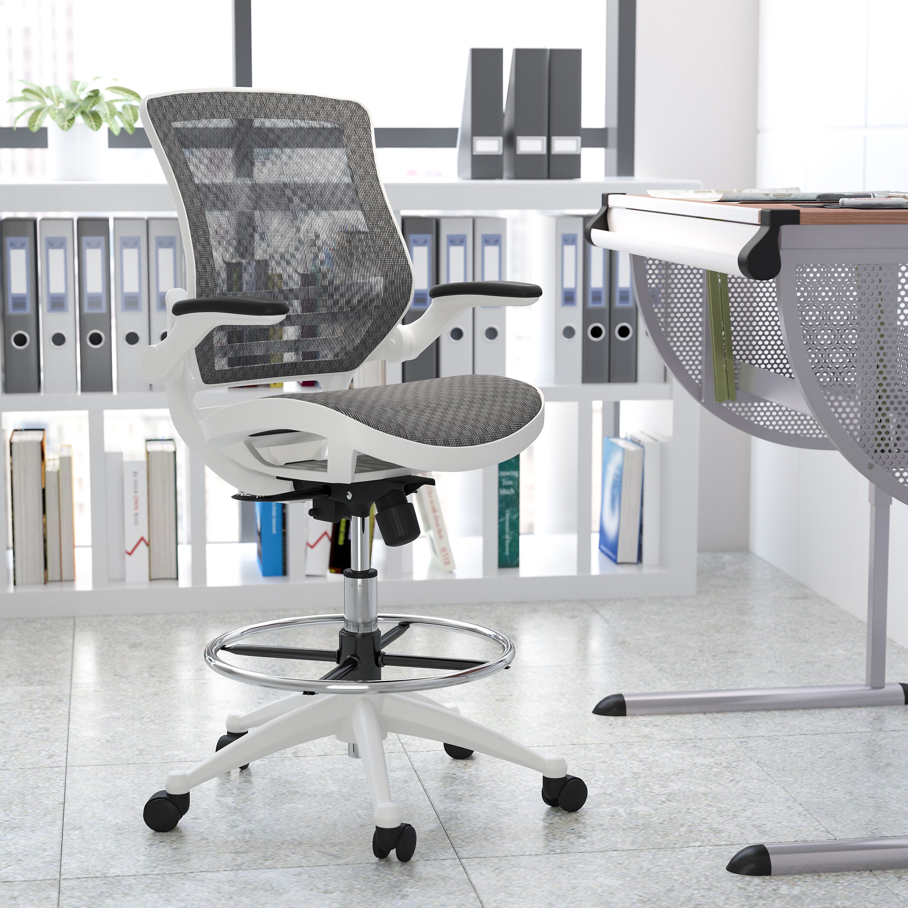 Flash Furniture Mesh Mid-Back Drafting Stool with Lumbar Support, Gray/White