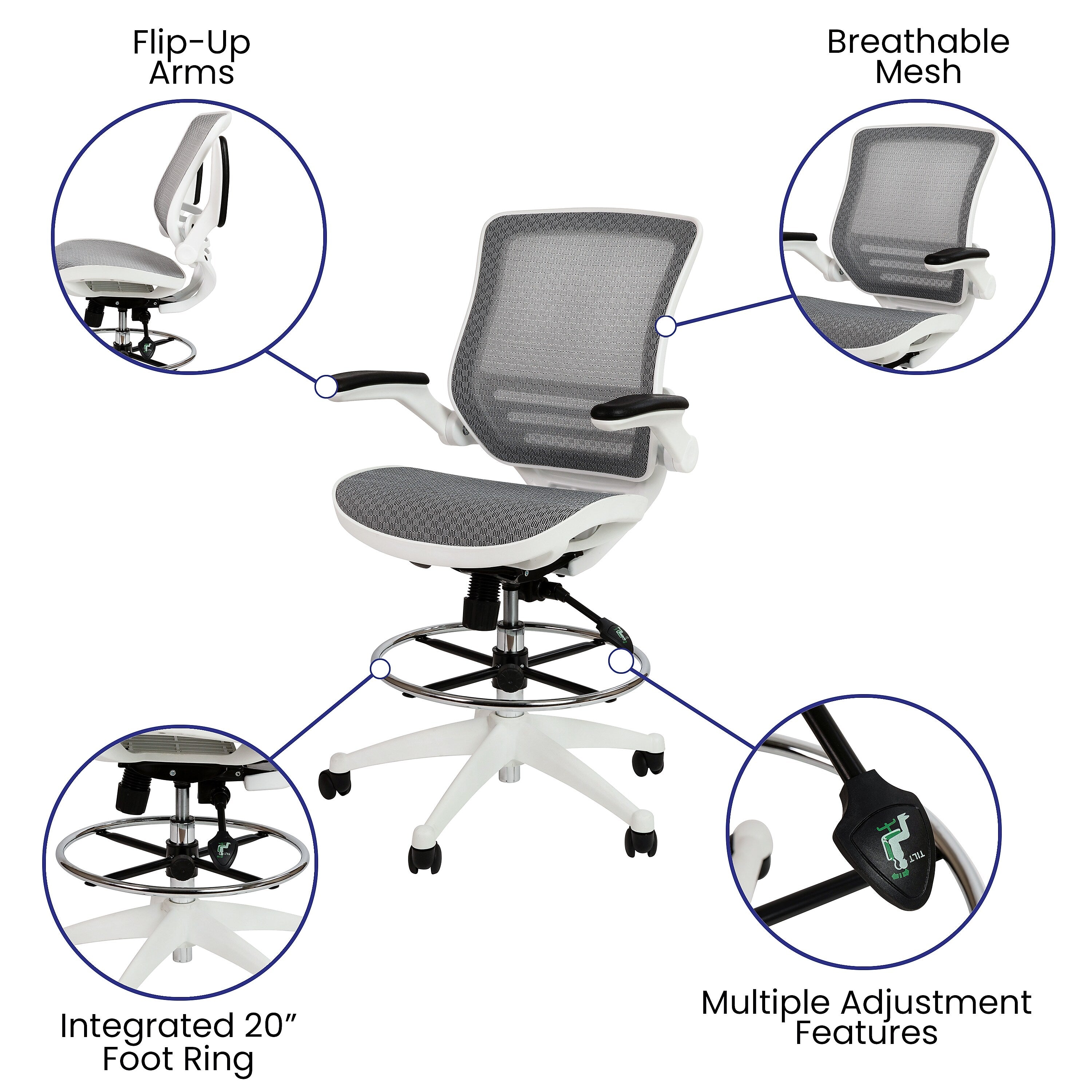 Flash Furniture Mesh Mid-Back Drafting Stool with Lumbar Support, Gray/White