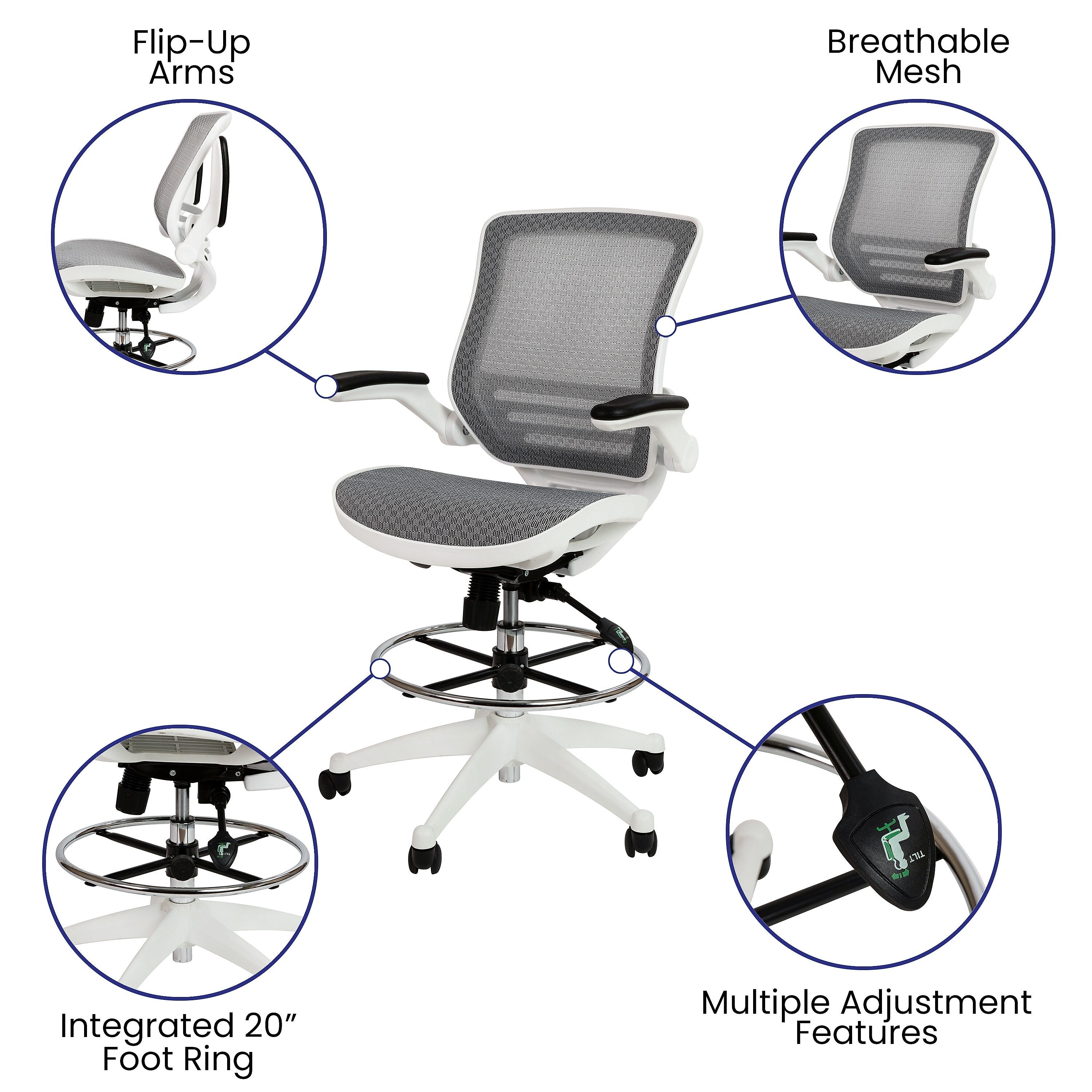 Flash Furniture Mesh Mid-Back Drafting Stool with Lumbar Support, Gray/White
