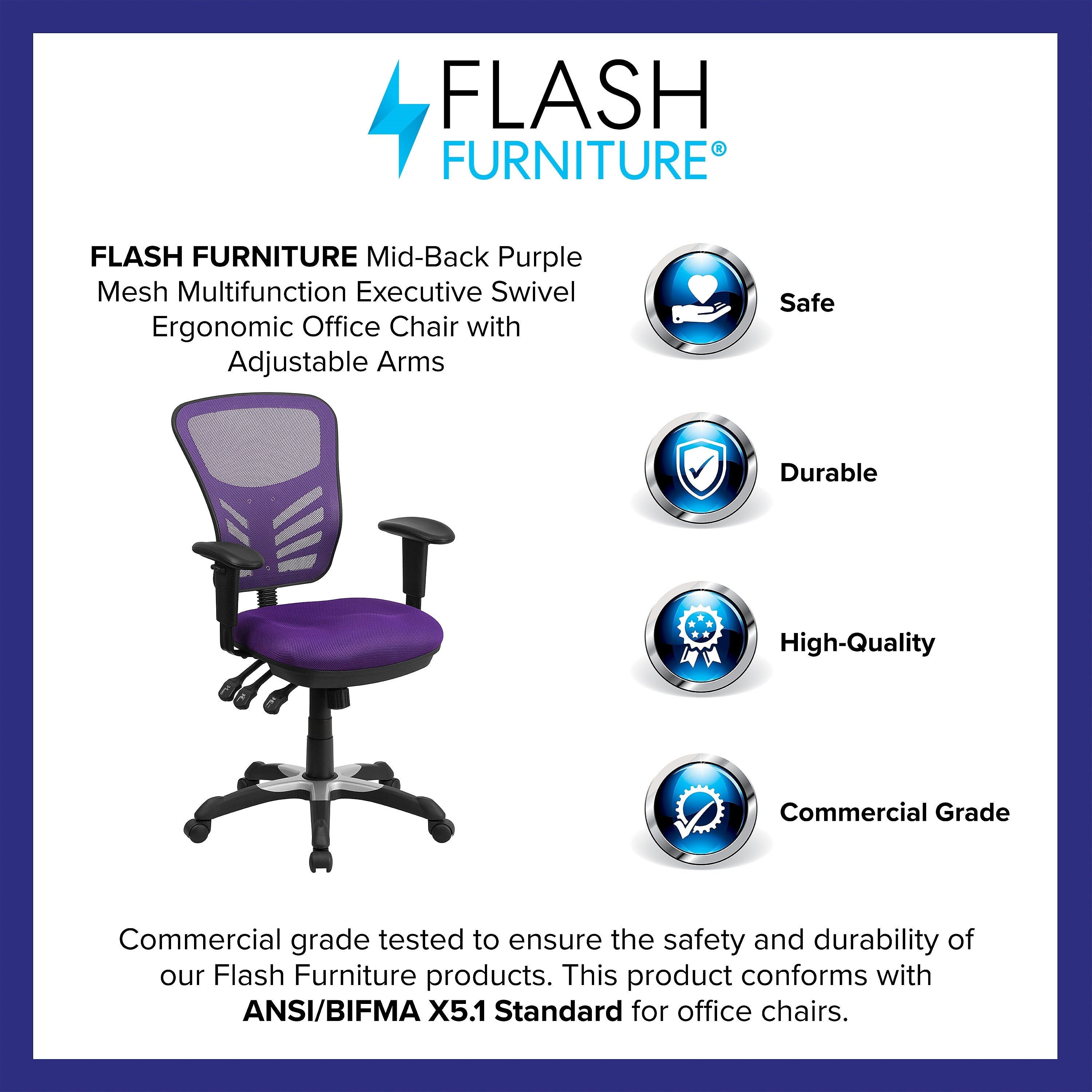 Flash Furniture Nicholas Ergonomic Mesh Swivel Mid-Back Multifunction Executive Office Chair, Purple
