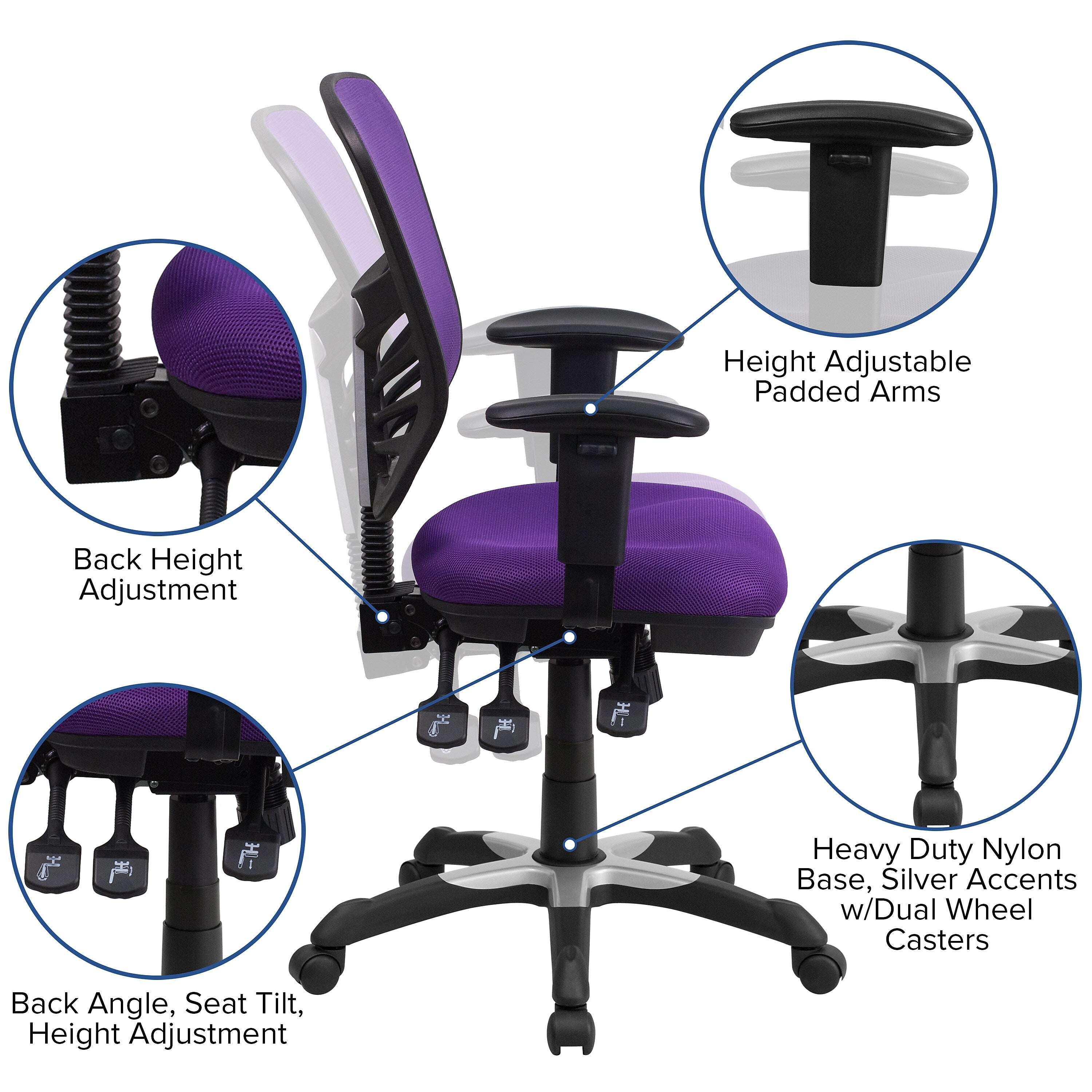 Flash Furniture Nicholas Ergonomic Mesh Swivel Mid-Back Multifunction Executive Office Chair, Purple