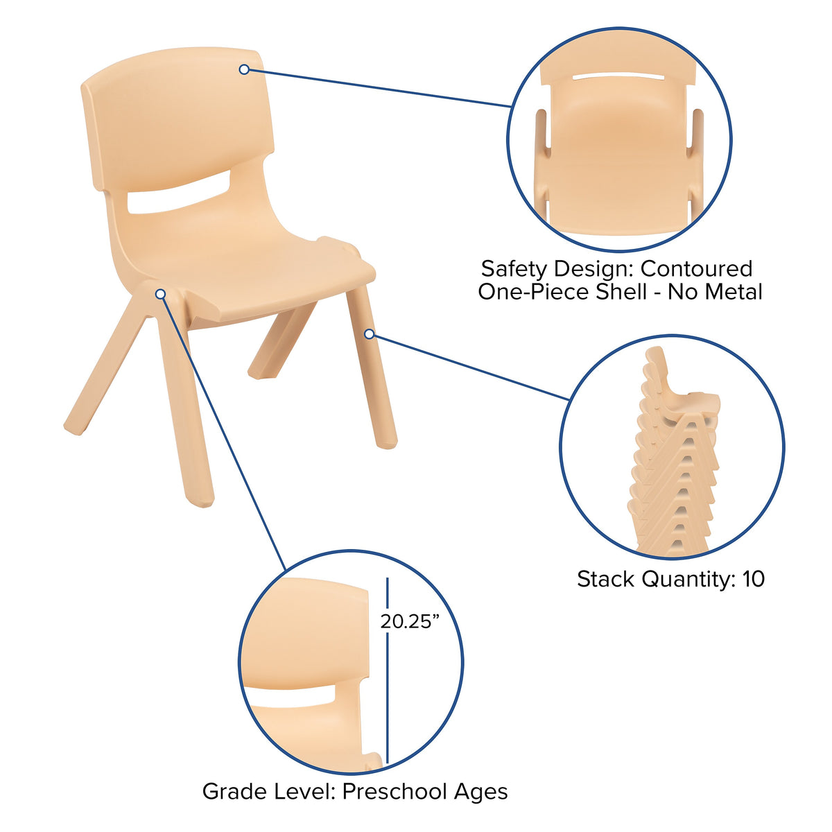 Flash Furniture Plastic School Chair with 10.5" Seat Height, Natural, 2-Pieces