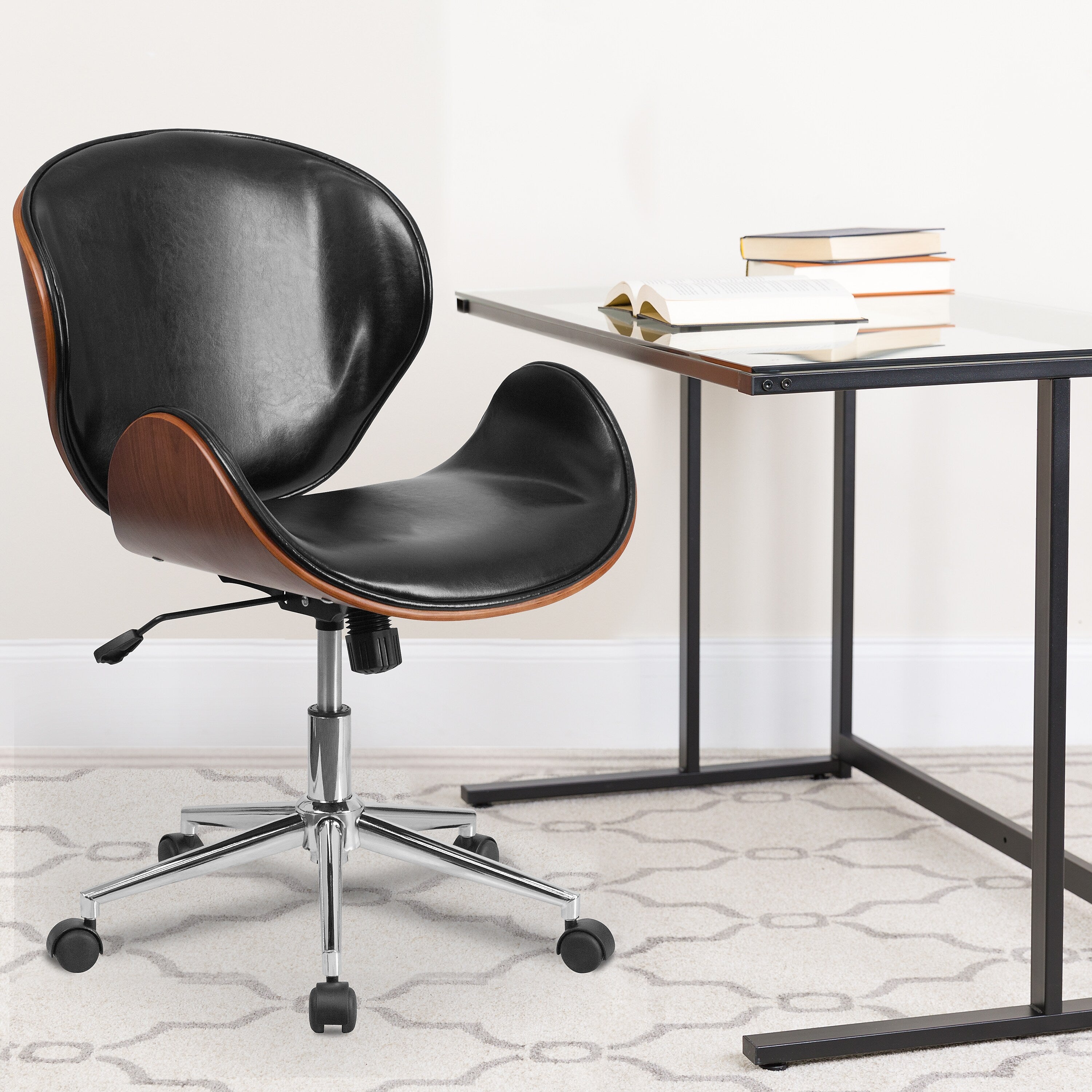 Flash Furniture Tana Armless LeatherSoft/Wood Swivel Mid-Back Conference Office Chair, Black/Walnut