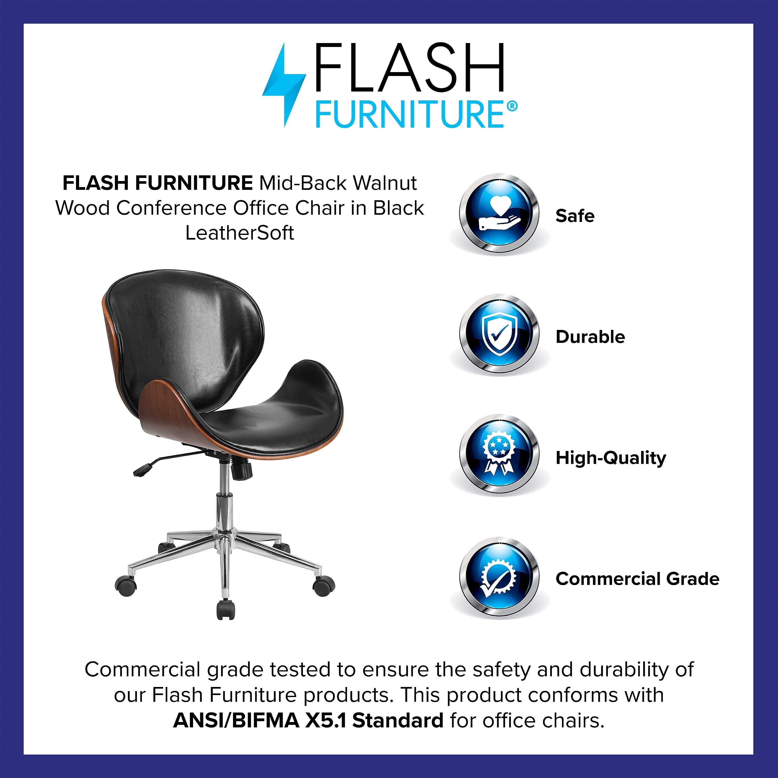 Flash Furniture Tana Armless LeatherSoft/Wood Swivel Mid-Back Conference Office Chair, Black/Walnut
