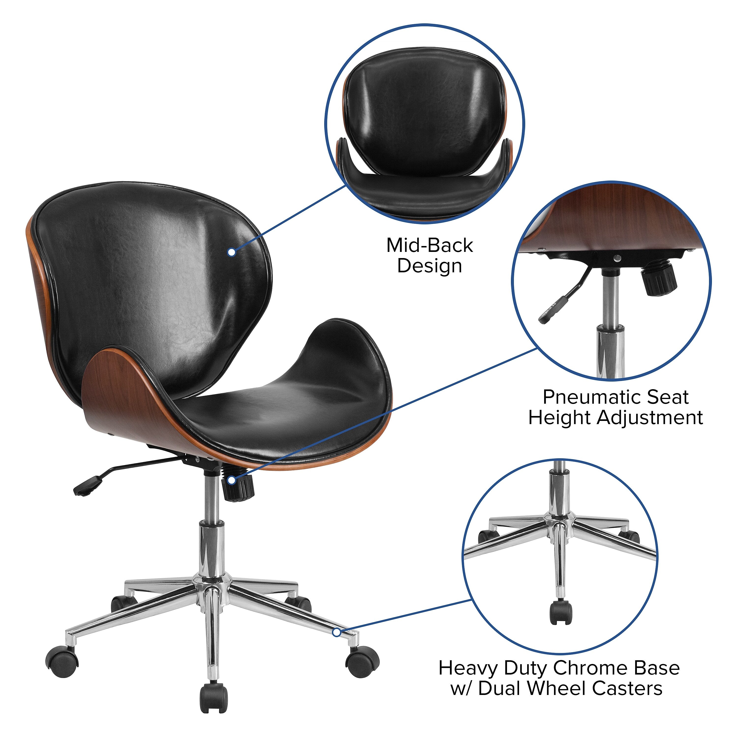 Flash Furniture Tana Armless LeatherSoft/Wood Swivel Mid-Back Conference Office Chair, Black/Walnut