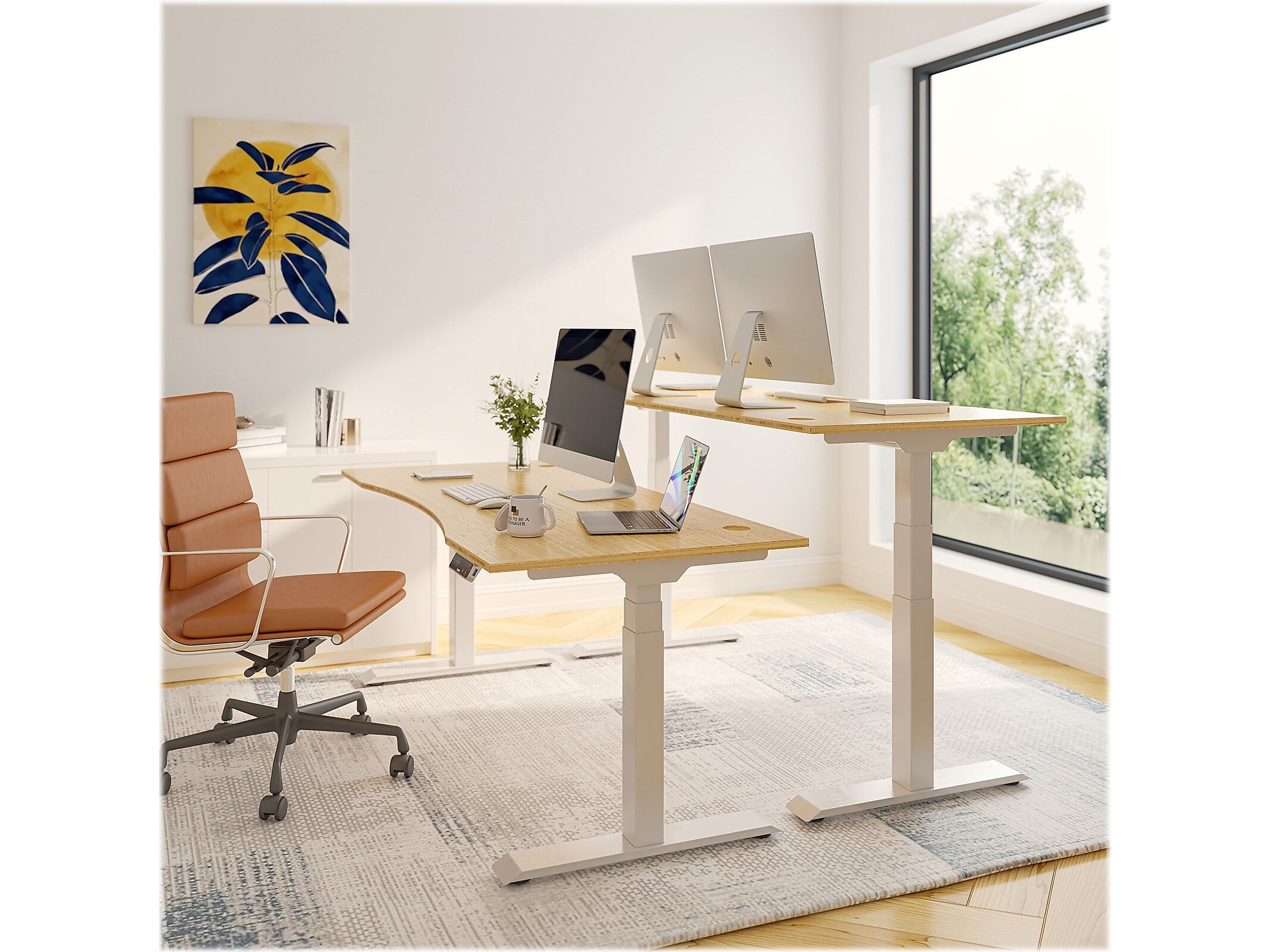 FlexiSpot E7 72"W Electric Adjustable Bamboo Top Standing Desk, White