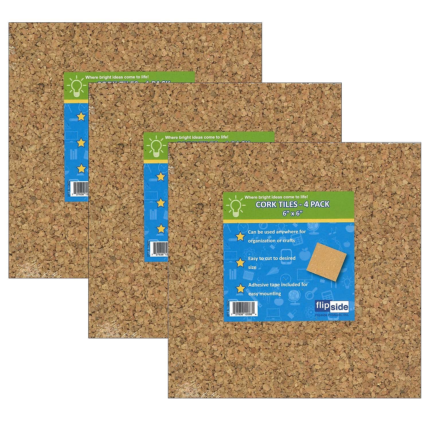 Flipside Natural Cork Tiles, 6" x 6", 4 Per Pack, 3 Packs