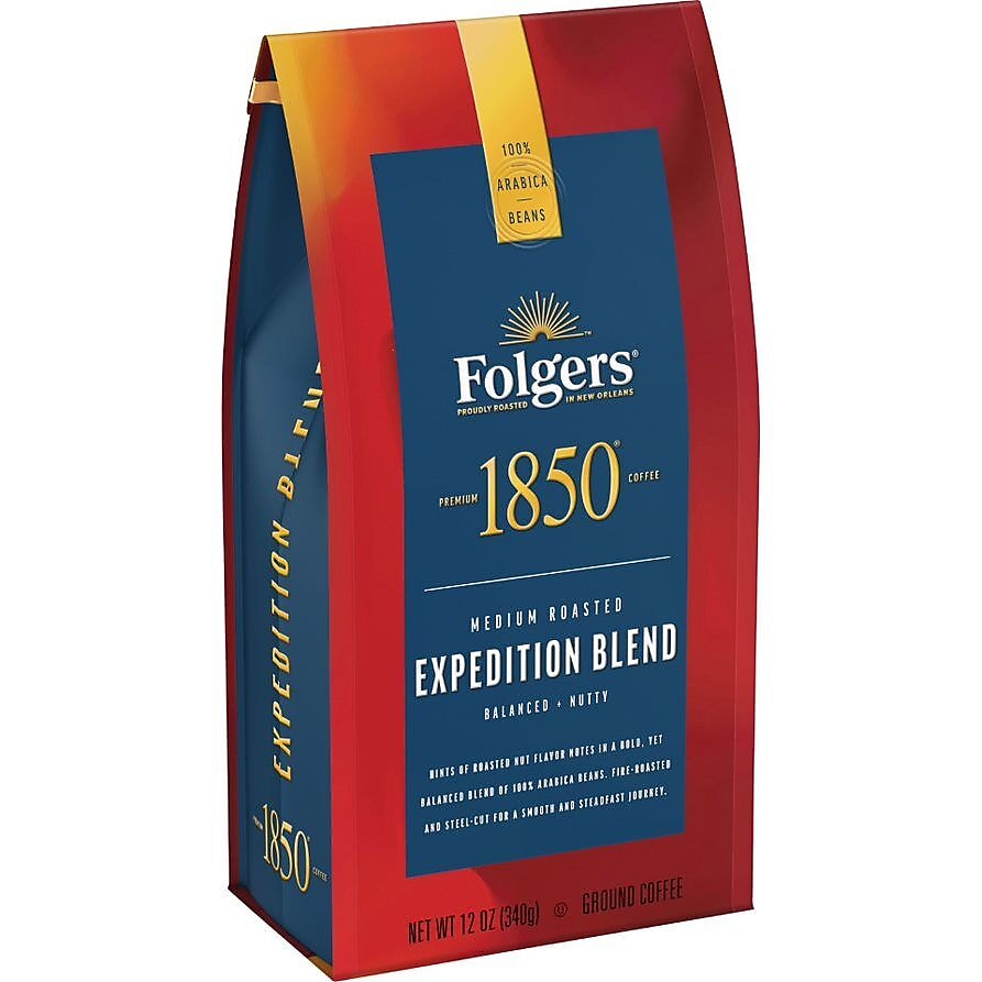 Folgers 1850 Pioneer Blend Caffeinated Ground Coffee, Medium Roast, 12 oz.