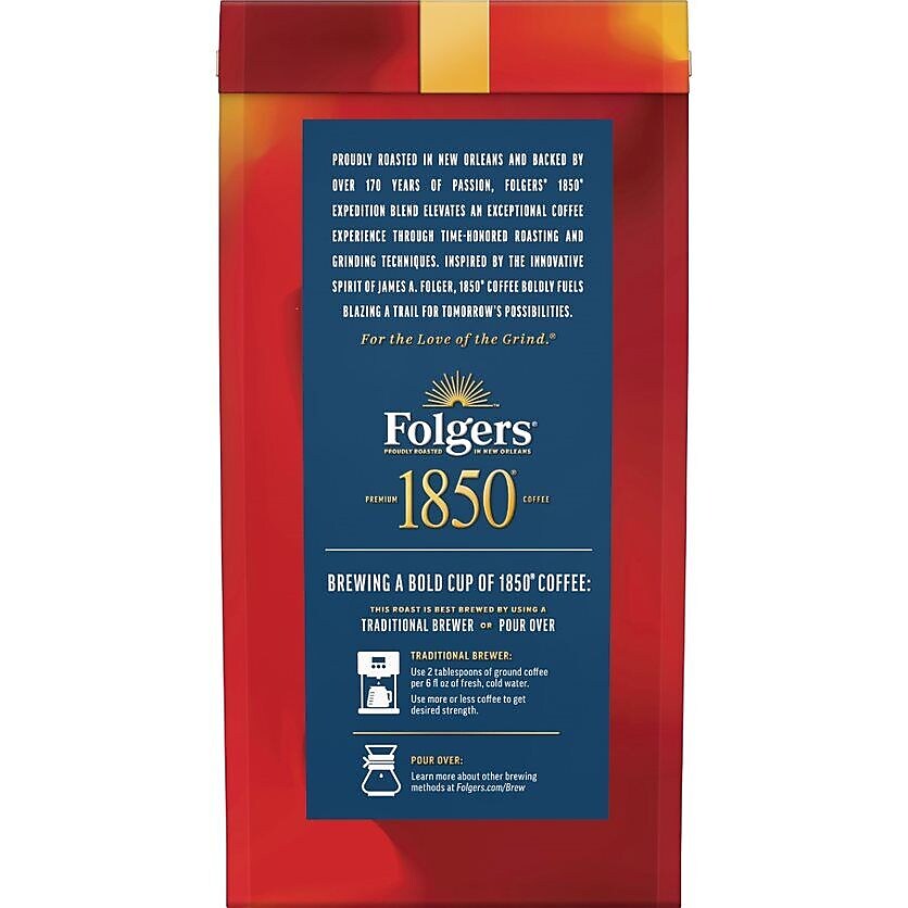 Folgers 1850 Pioneer Blend Caffeinated Ground Coffee, Medium Roast, 12 oz.