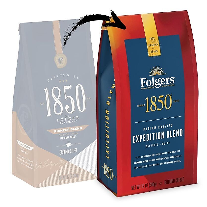 Folgers 1850 Pioneer Blend Caffeinated Ground Coffee, Medium Roast, 12 oz.