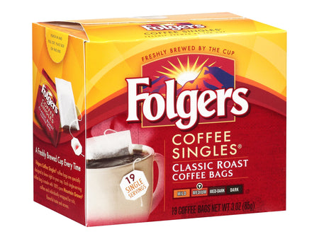 Folgers Coffee Singles Classic Roast Bags, Medium Roast, 19/Box