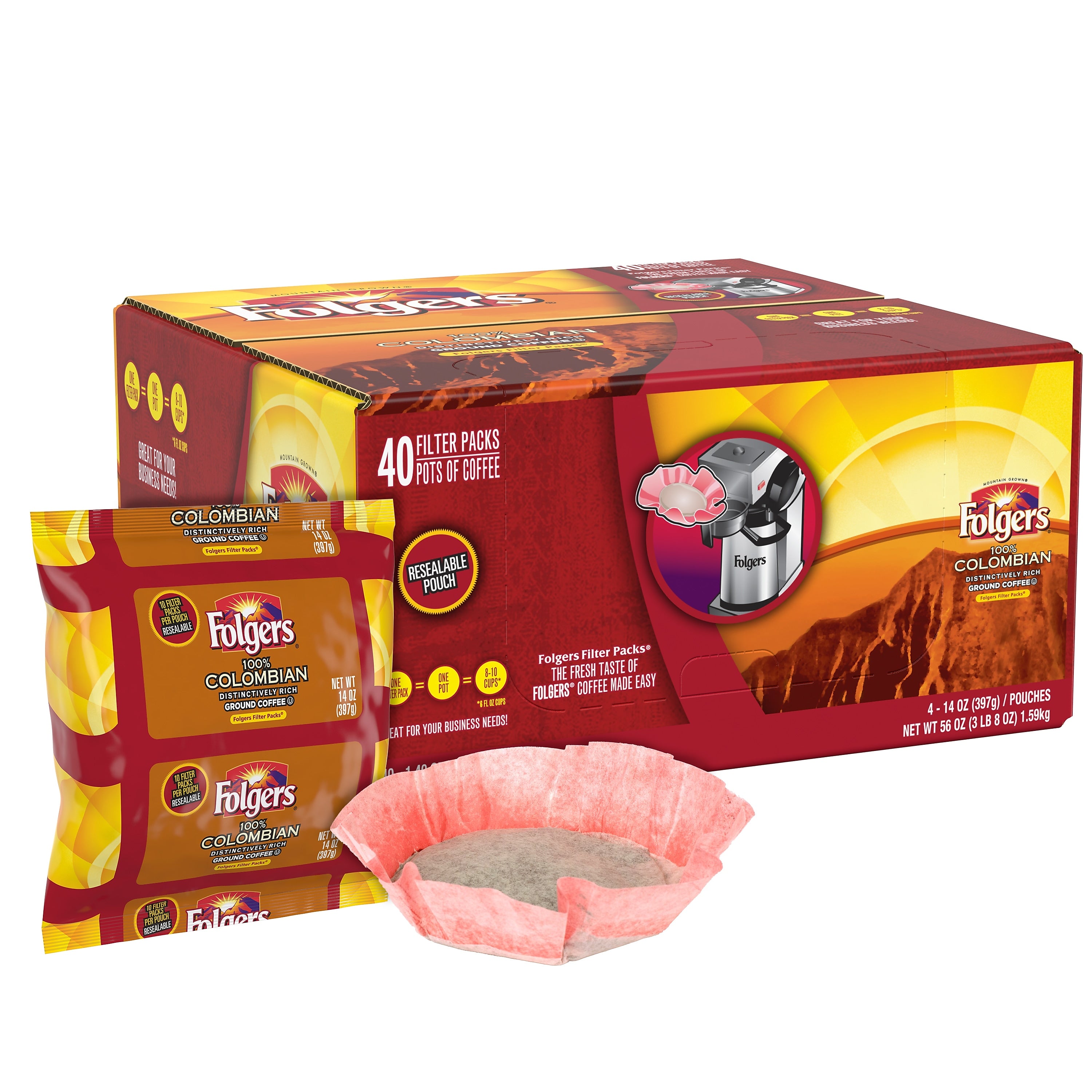 Folgers Colombian Filter Packs Coffee, Medium Roast, 1.4 oz., 40/Carton