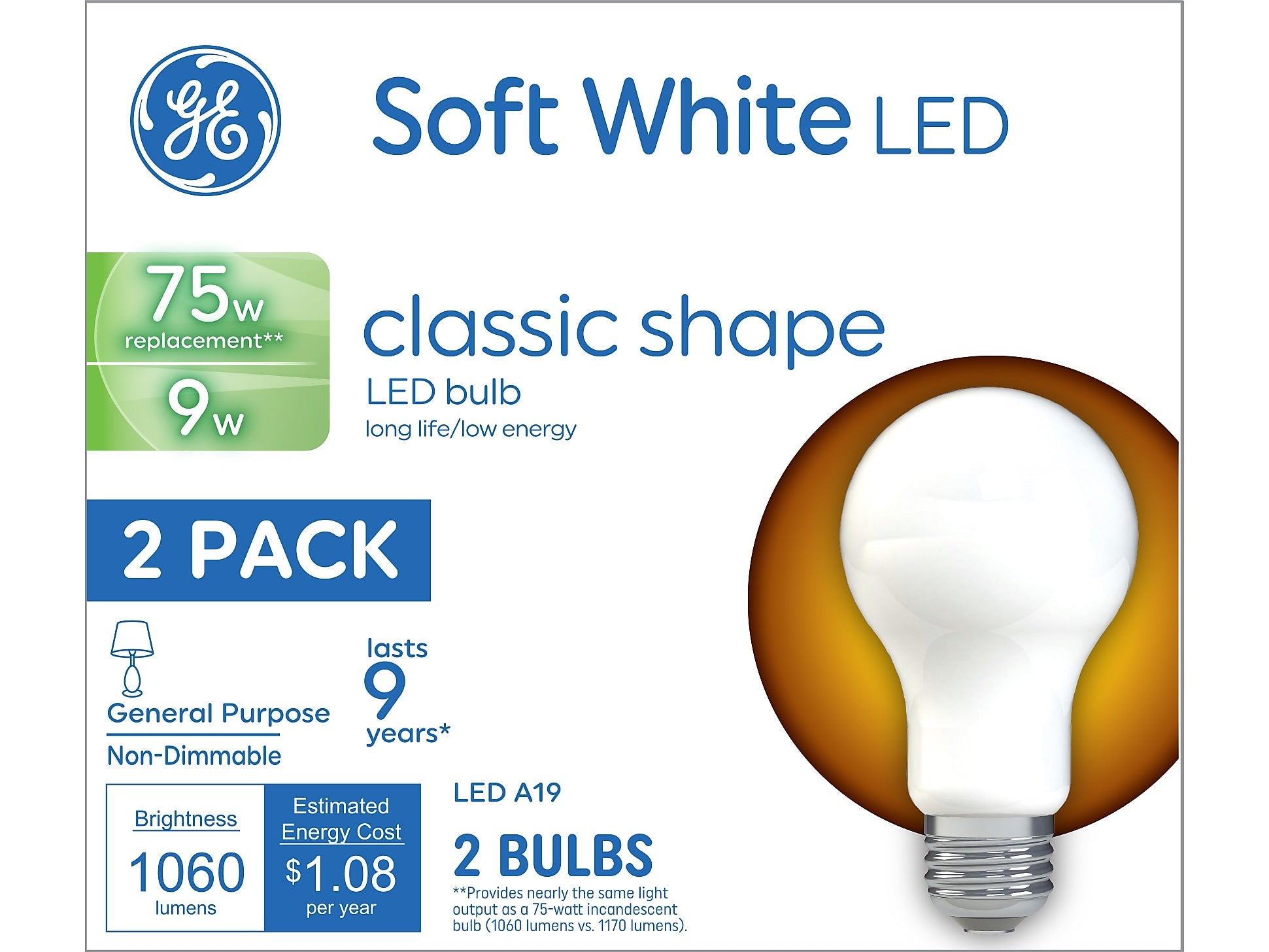 GE 9 Watt Soft White LED Bulb, 2/Pack