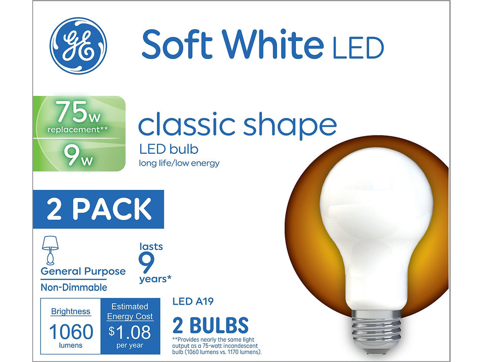 GE 9 Watt Soft White LED Bulb, 2/Pack