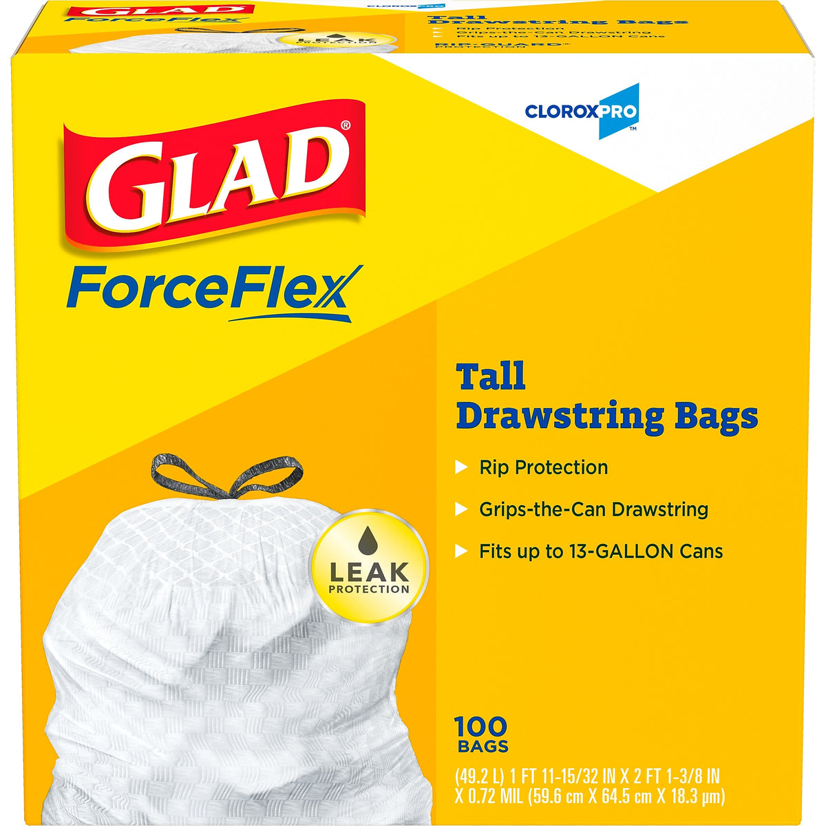 Glad 13 Gallon Trash Bag, 8.5"x8.5", Low Density, .72 mil, White, 100 Bags/Box