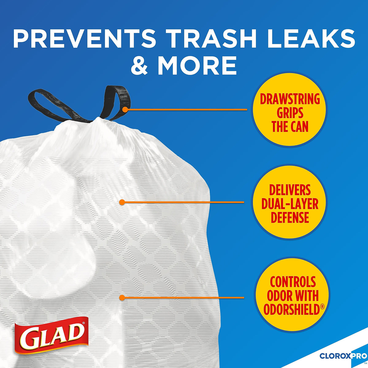 Glad 13 Gallon Trash Bag, 8.5"x8.5", Low Density, .72 mil, White, 100 Bags/Box