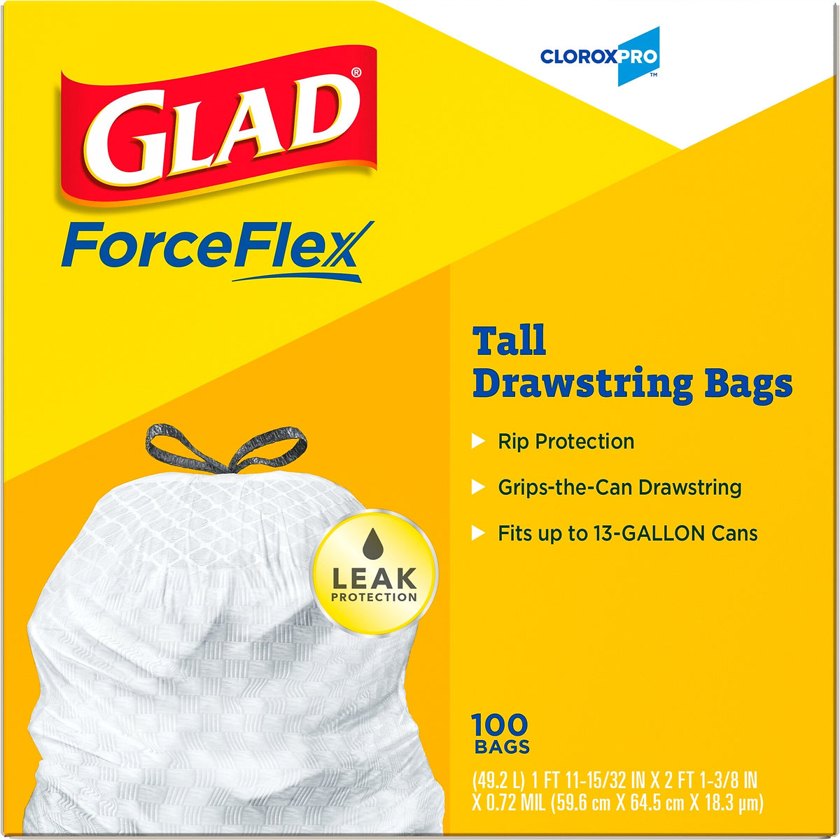 Glad 13 Gallon Trash Bag, 8.5"x8.5", Low Density, .72 mil, White, 100 Bags/Box