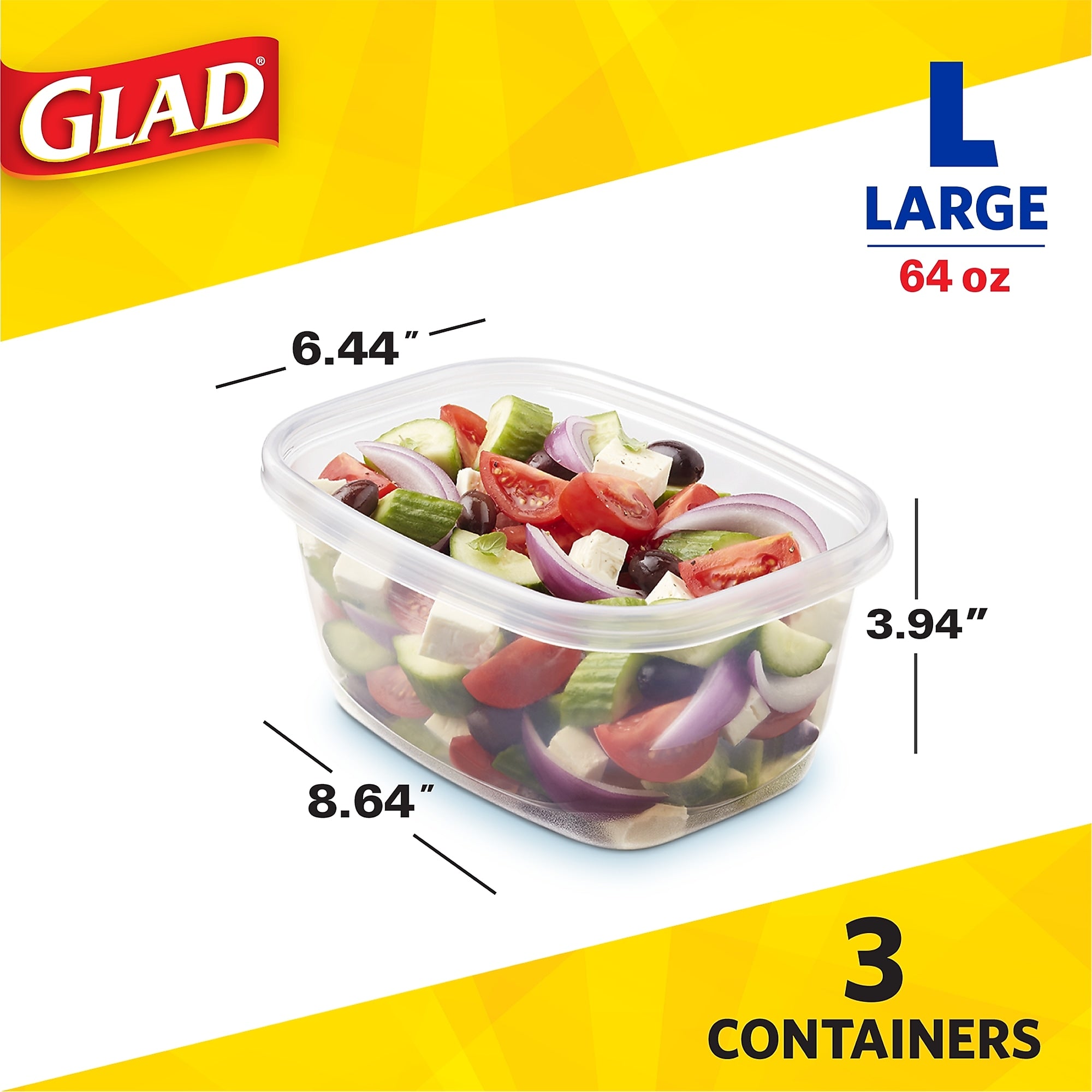 Glad® Deep Dish Containers, 64 Oz., 3/Pack