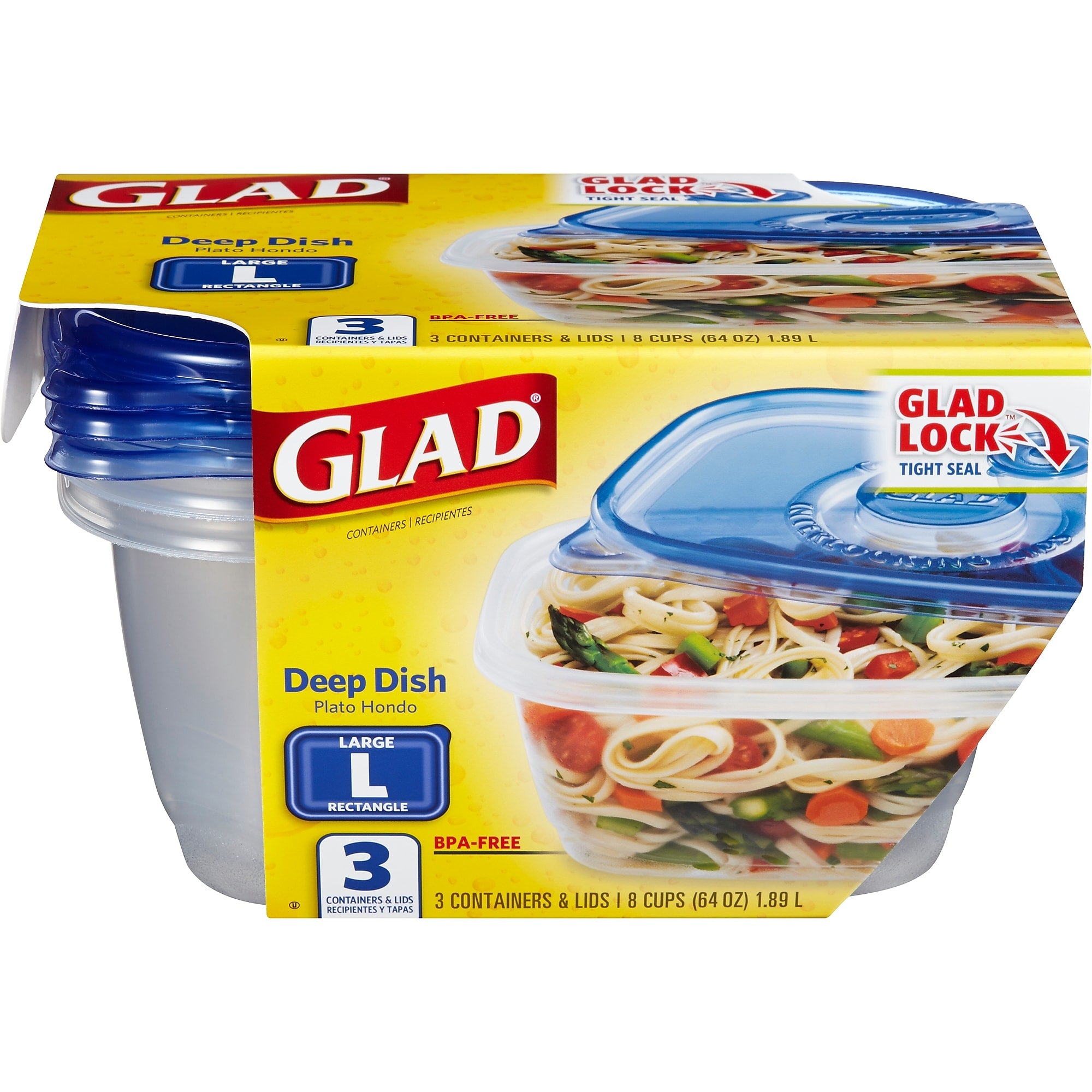 Glad® Deep Dish Containers, 64 Oz., 3/Pack