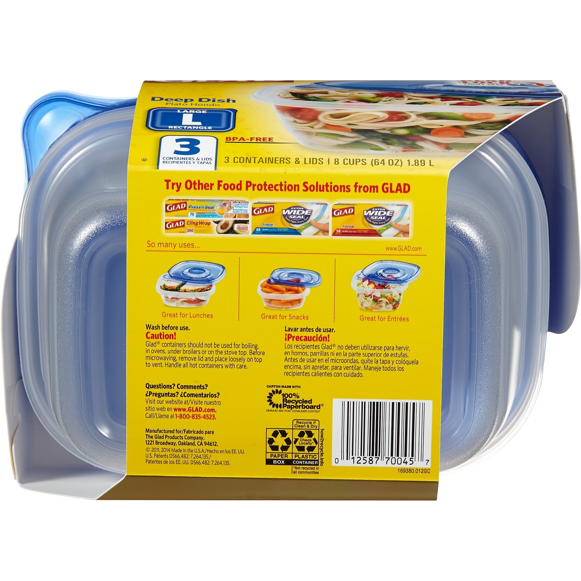 Glad® Deep Dish Containers, 64 Oz., 3/Pack