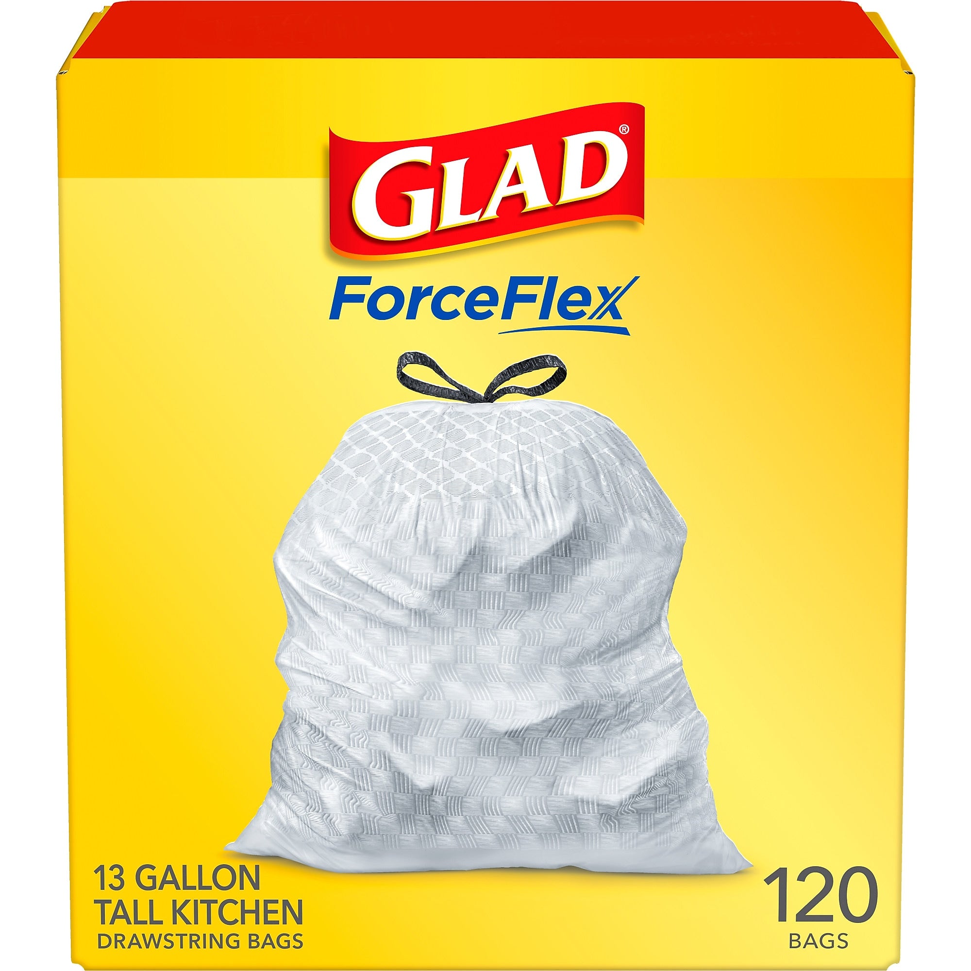 Glad ForceFlex Tall 13 Gallon Kitchen Drawstring Trash Bags, White, 120/Box