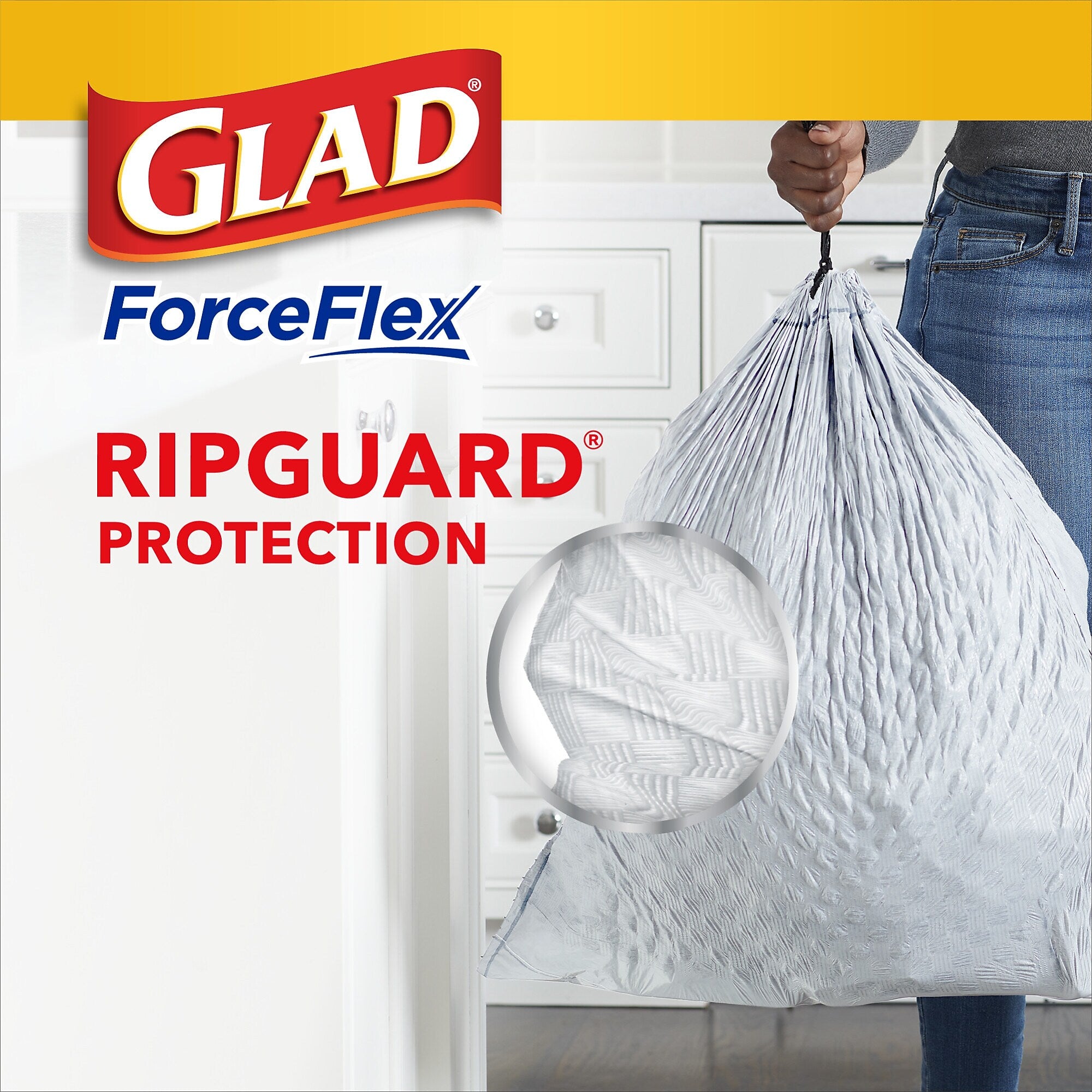 Glad ForceFlex Tall 13 Gallon Kitchen Drawstring Trash Bags, White, 120/Box