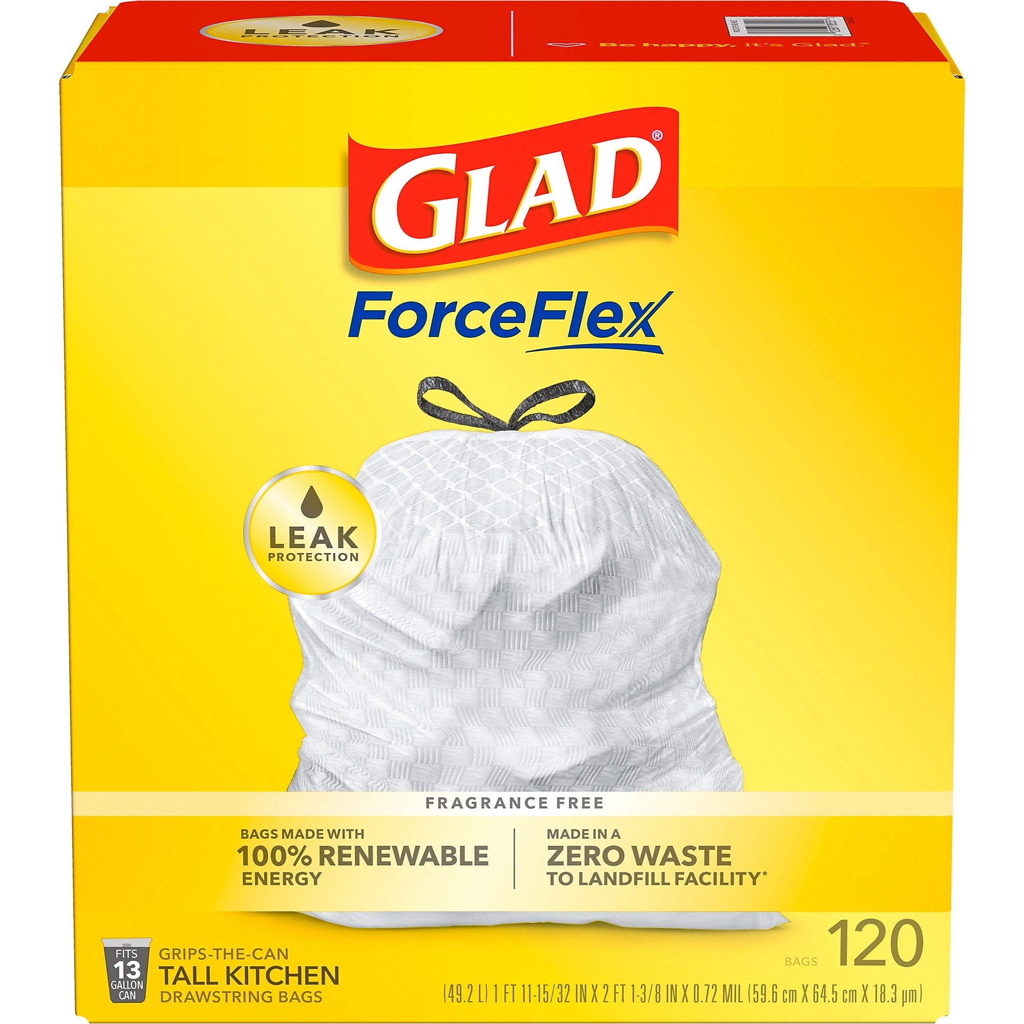 Glad ForceFlex Tall 13 Gallon Kitchen Drawstring Trash Bags, White, 120/Box