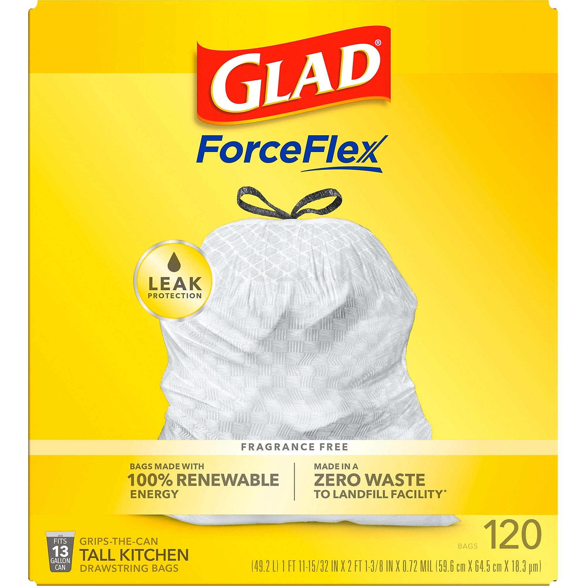 Glad ForceFlex Tall 13 Gallon Kitchen Drawstring Trash Bags, White, 120/Box