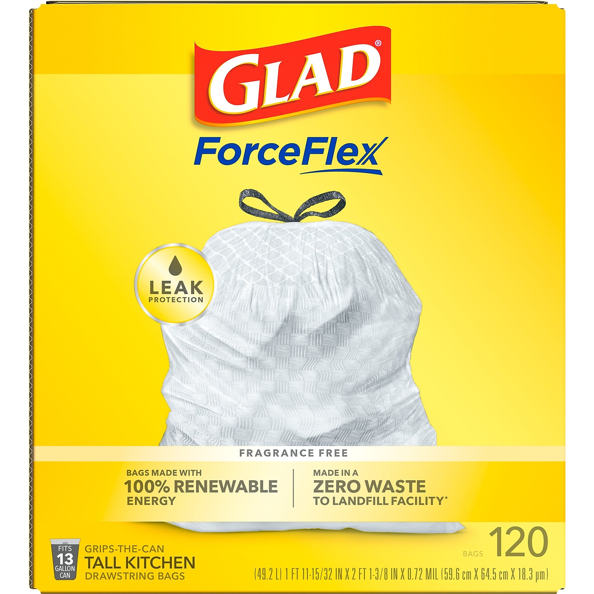 Glad ForceFlex Tall 13 Gallon Kitchen Drawstring Trash Bags, White, 120/Box