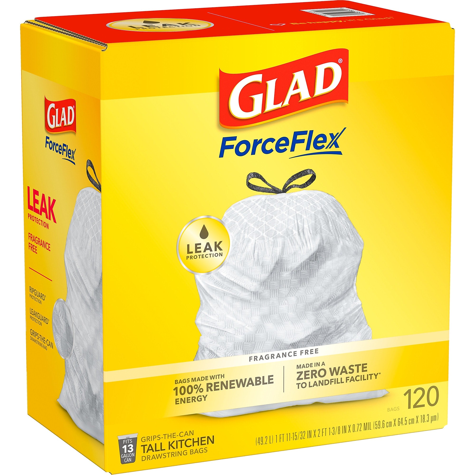 Glad ForceFlex Tall 13 Gallon Kitchen Drawstring Trash Bags, White, 120/Box